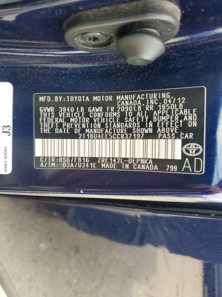 2012 Toyota Corolla Le Blue vin: 2T1BU4EE5CC837197