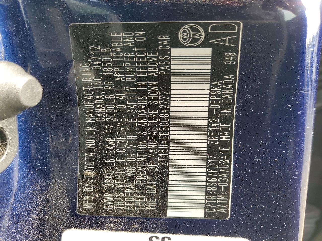 2012 Toyota Corolla S Blue vin: 2T1BU4EE5CC842772
