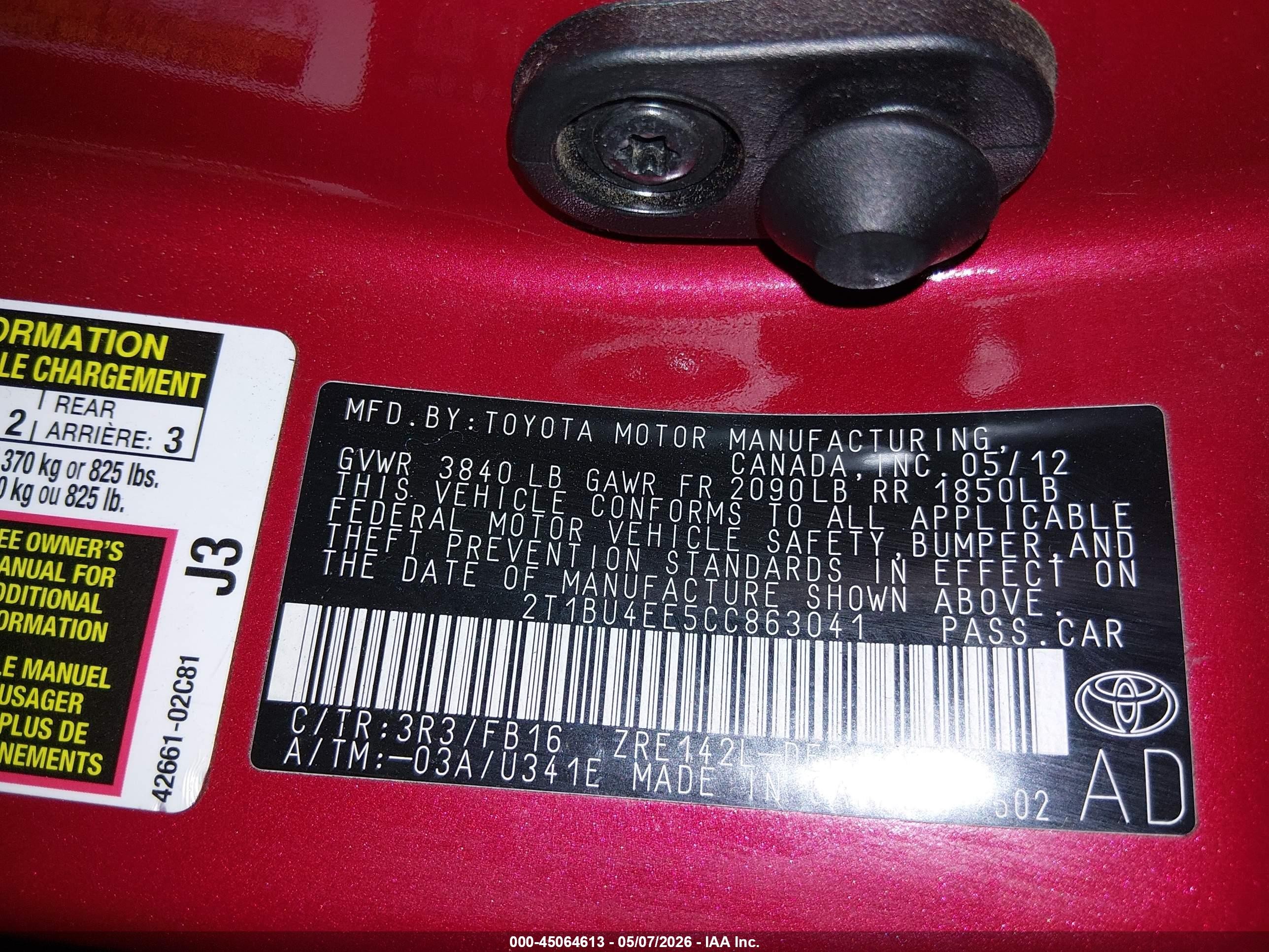 2012 Toyota Corolla Le Red vin: 2T1BU4EE5CC863041