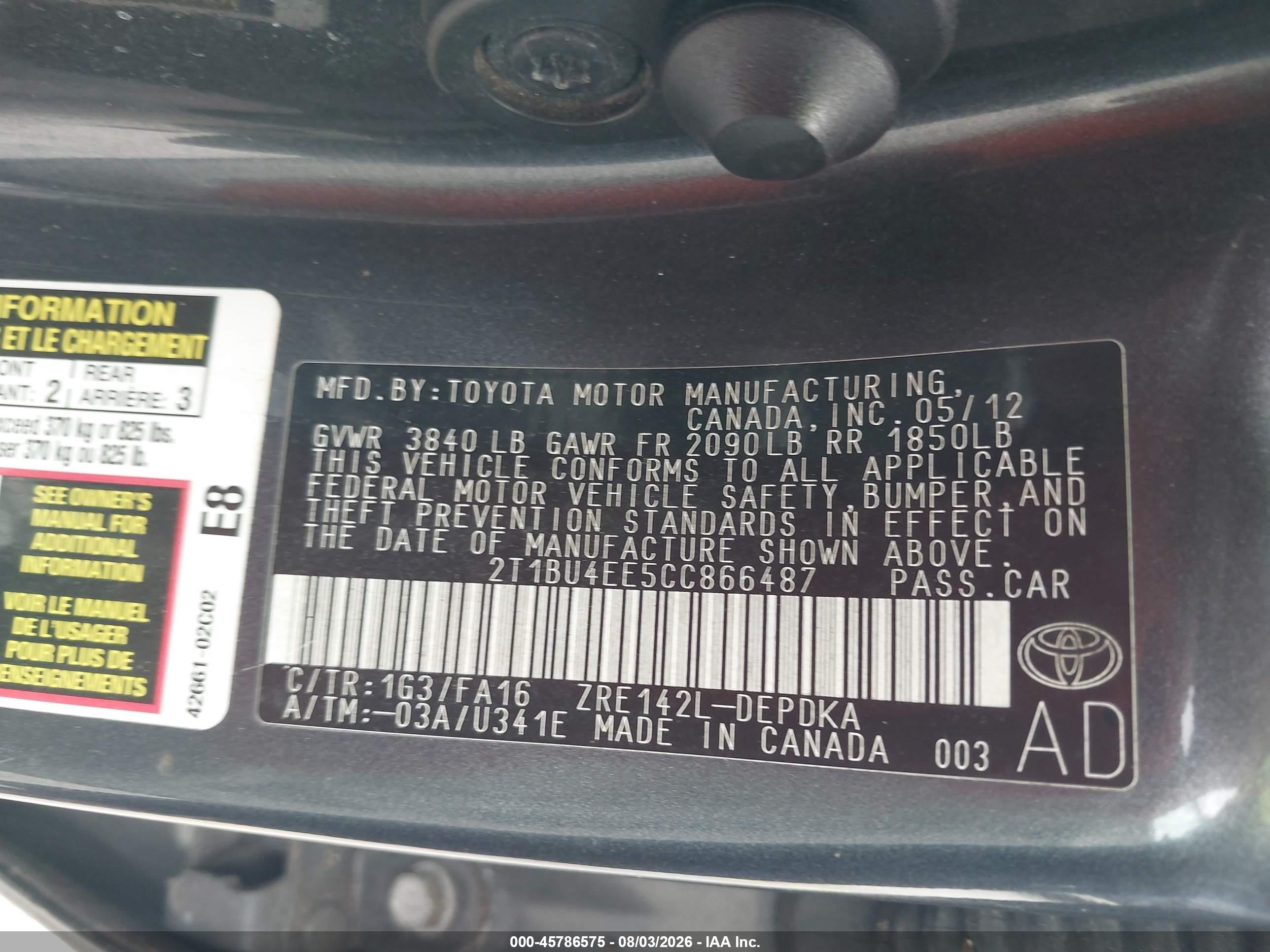 2012 Toyota Corolla L Gray vin: 2T1BU4EE5CC866487