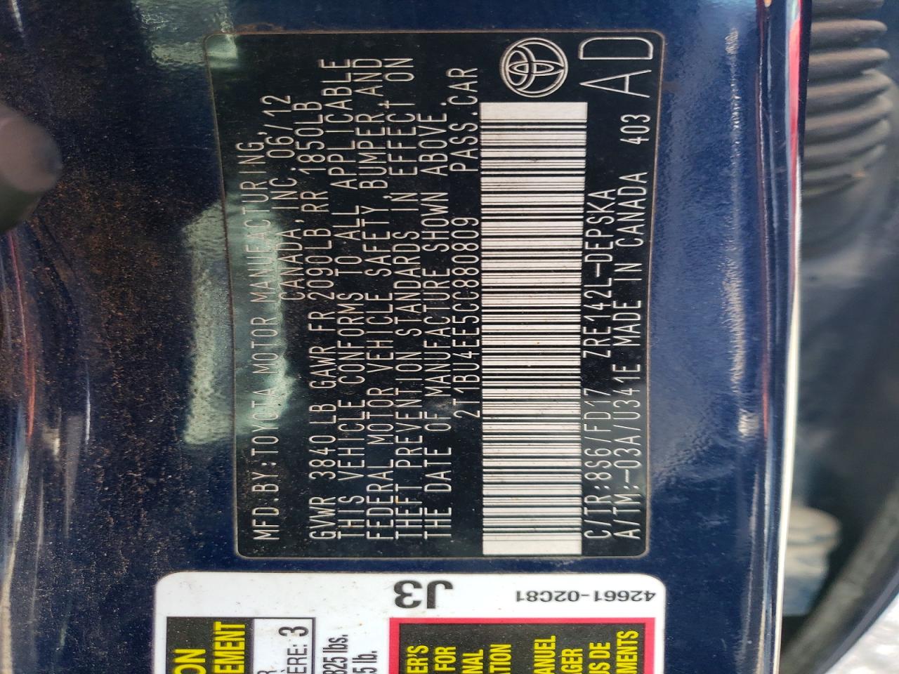2012 Toyota Corolla S Blue vin: 2T1BU4EE5CC880809