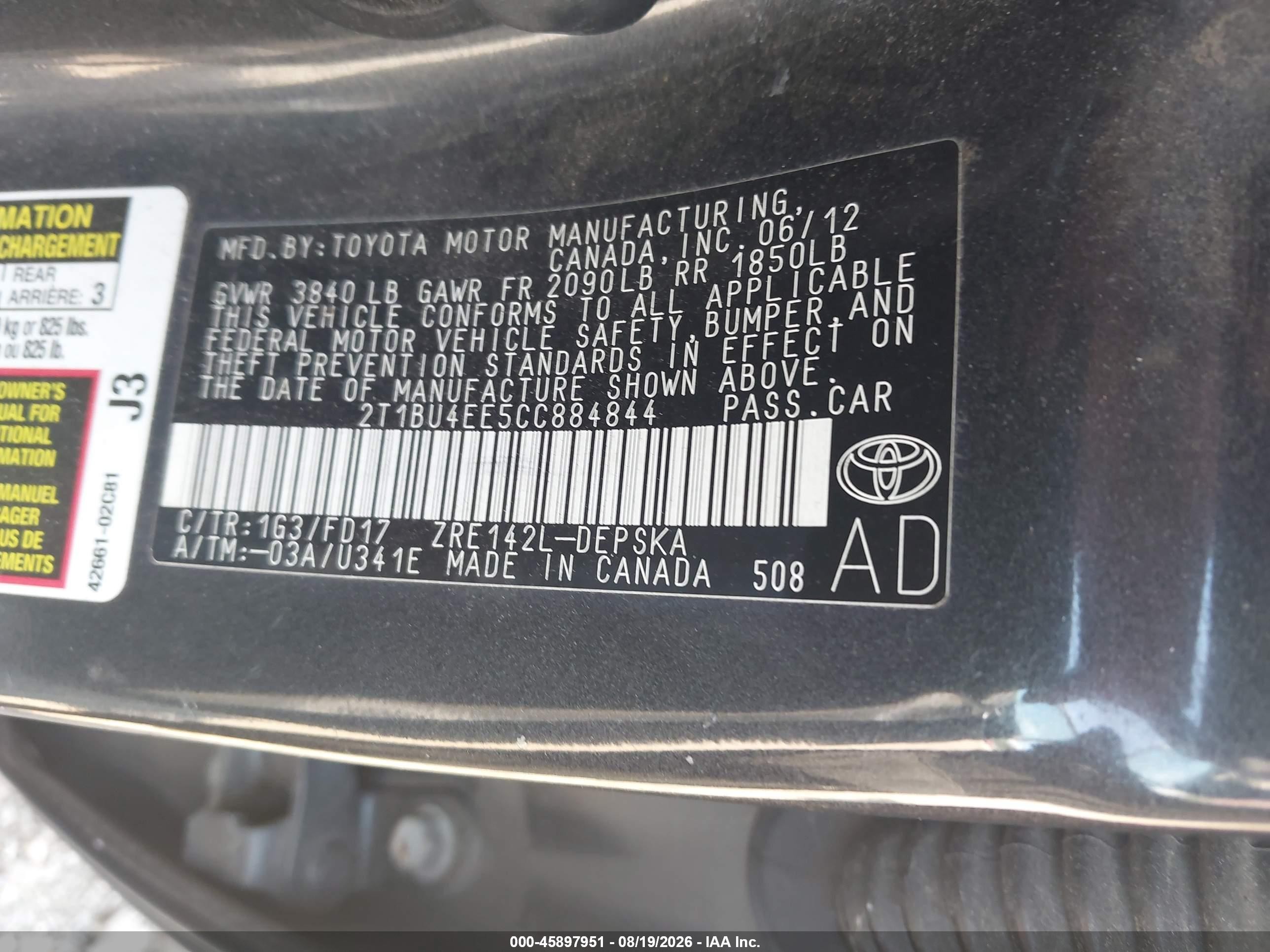 2012 Toyota Corolla S Gray vin: 2T1BU4EE5CC884844