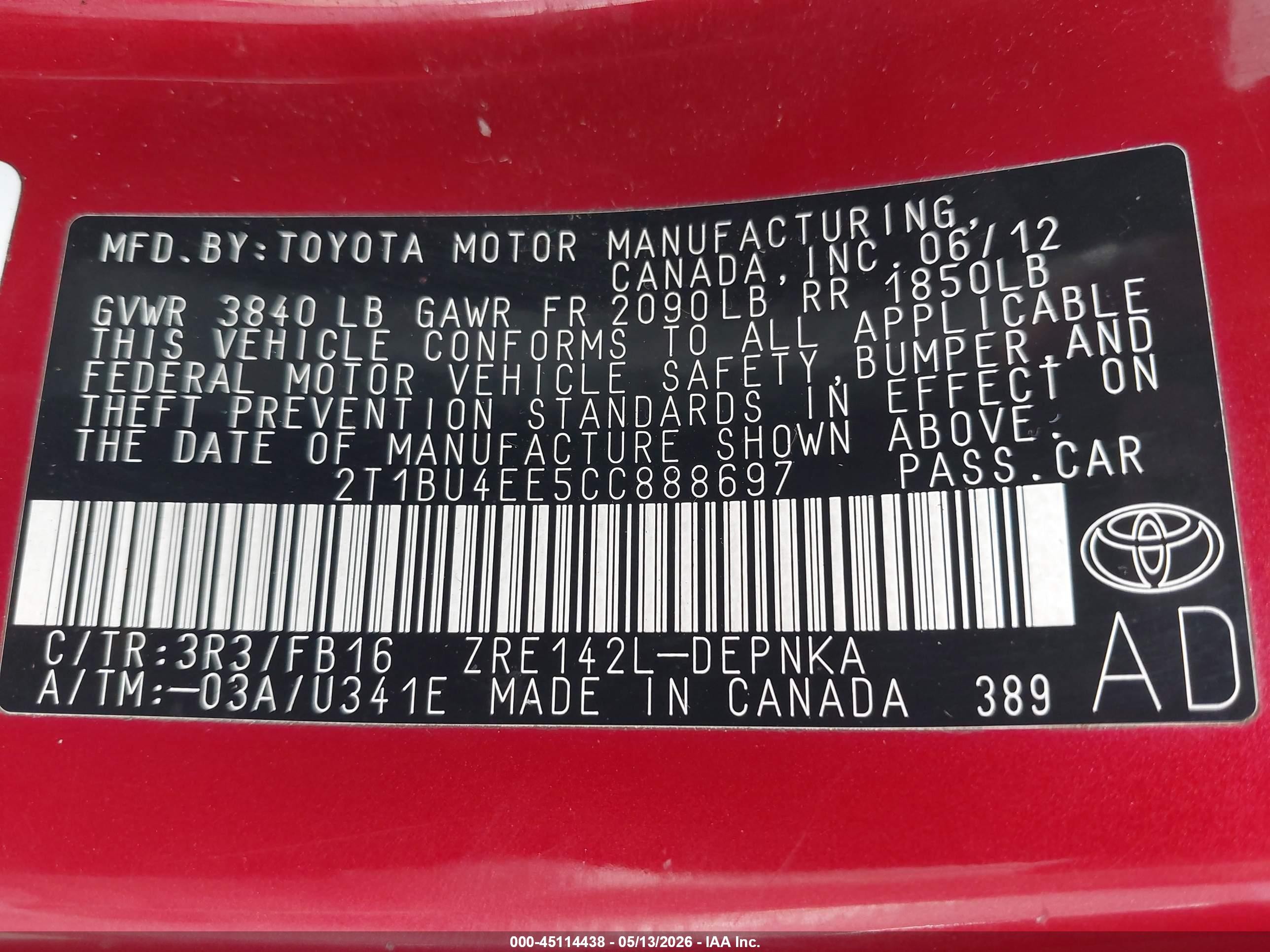 2012 Toyota Corolla Le Red vin: 2T1BU4EE5CC888697