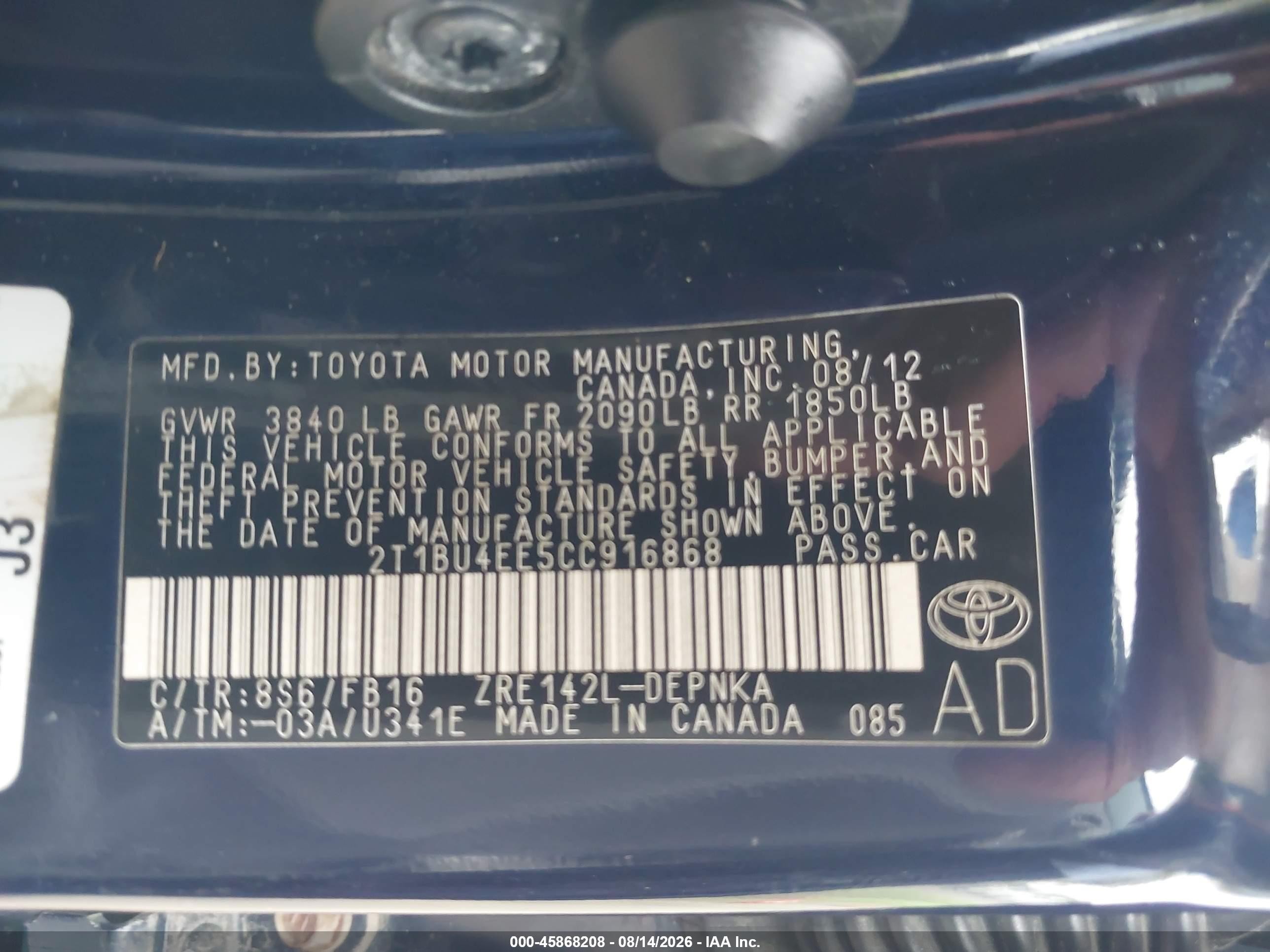 2012 Toyota Corolla Le Blue vin: 2T1BU4EE5CC916868