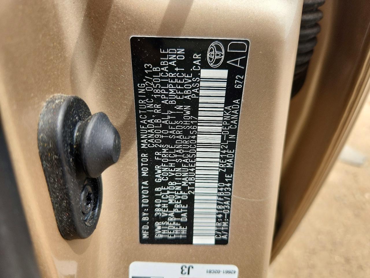 2013 Toyota Corolla Le Tan vin: 2T1BU4EE5DC045617