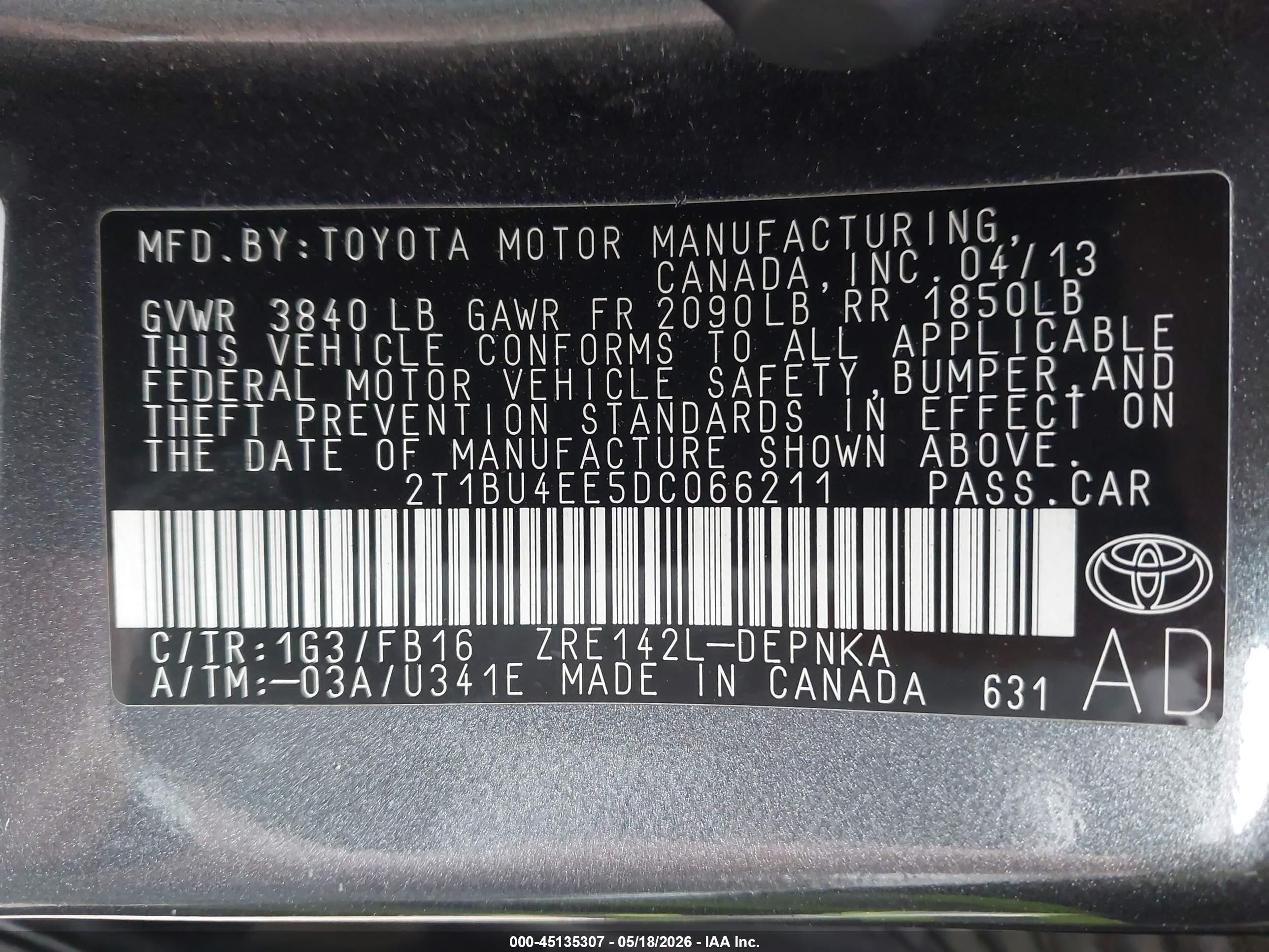 2013 Toyota Corolla Le Gray vin: 2T1BU4EE5DC066211