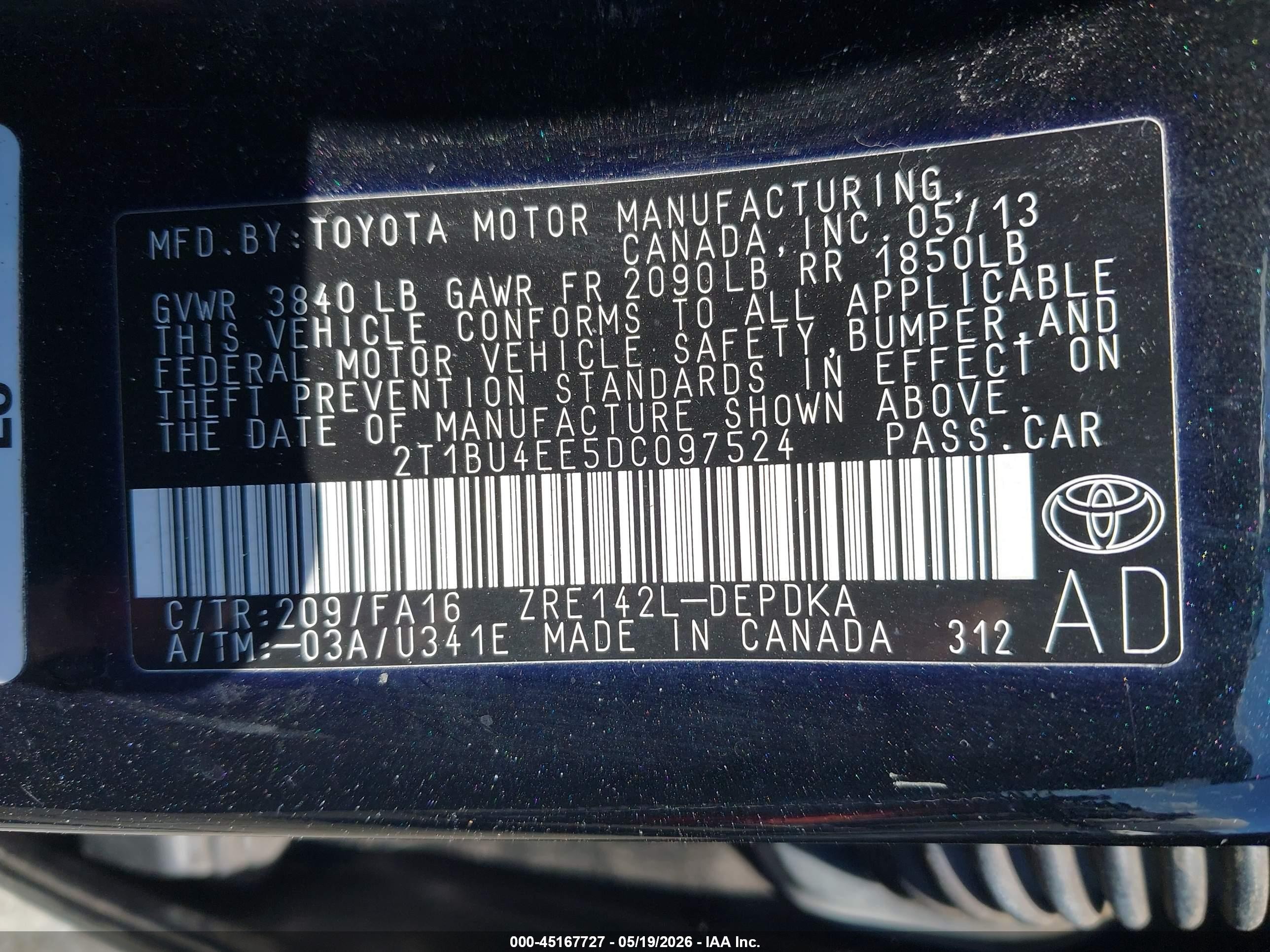 2013 Toyota Corolla L Black vin: 2T1BU4EE5DC097524