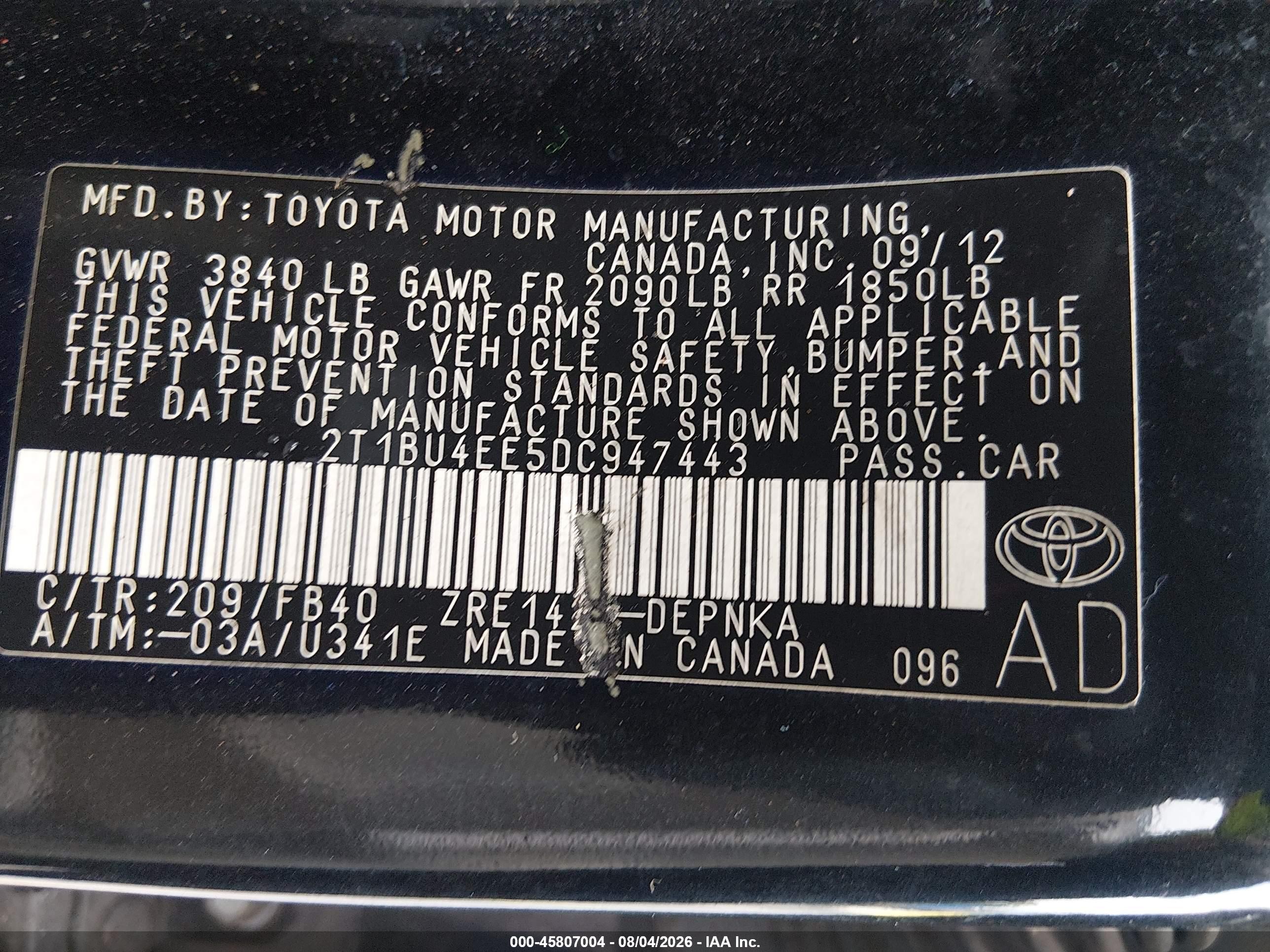 2013 Toyota Corolla Le Black vin: 2T1BU4EE5DC947443