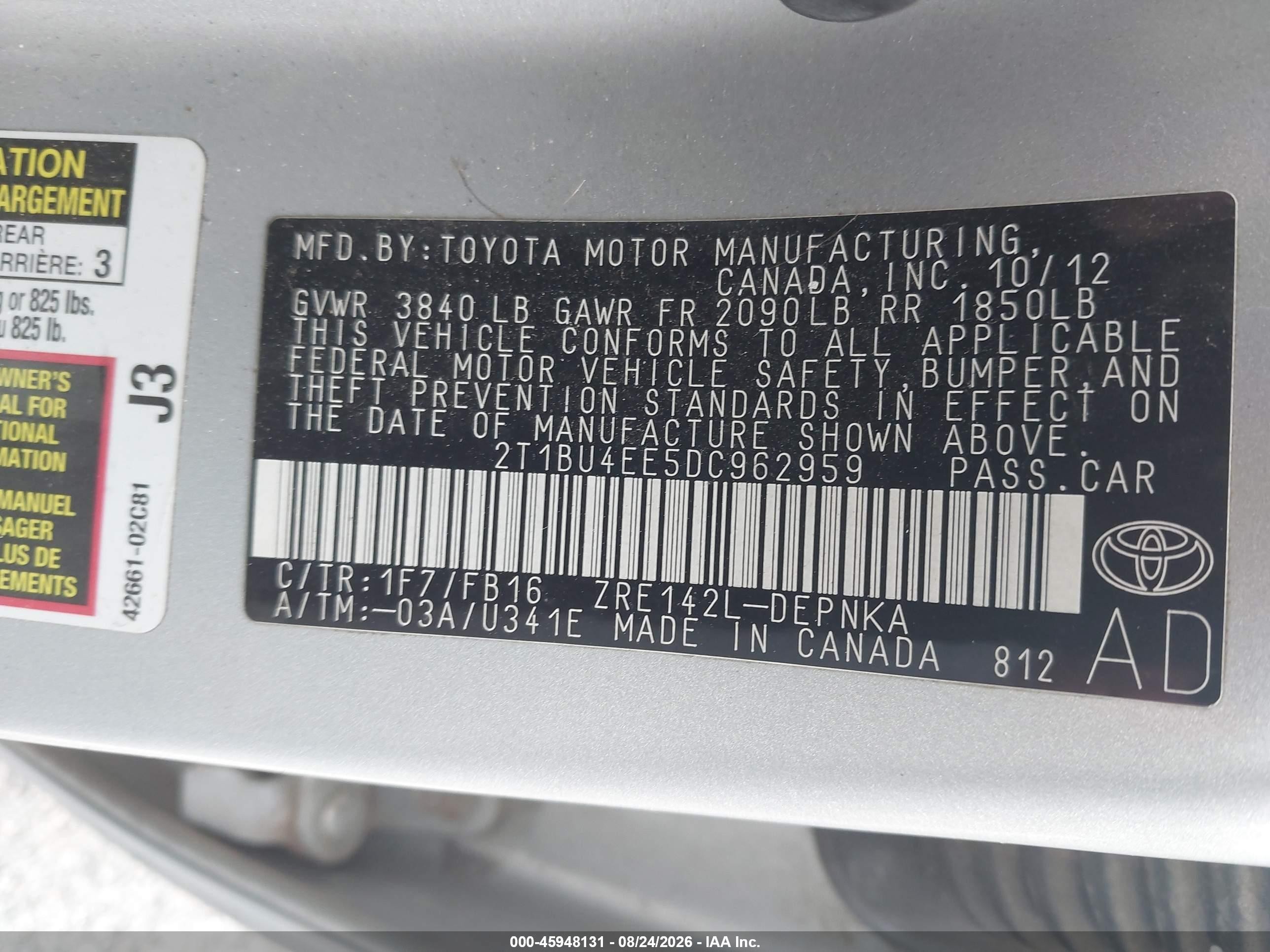 2013 Toyota Corolla Le Silver vin: 2T1BU4EE5DC962959