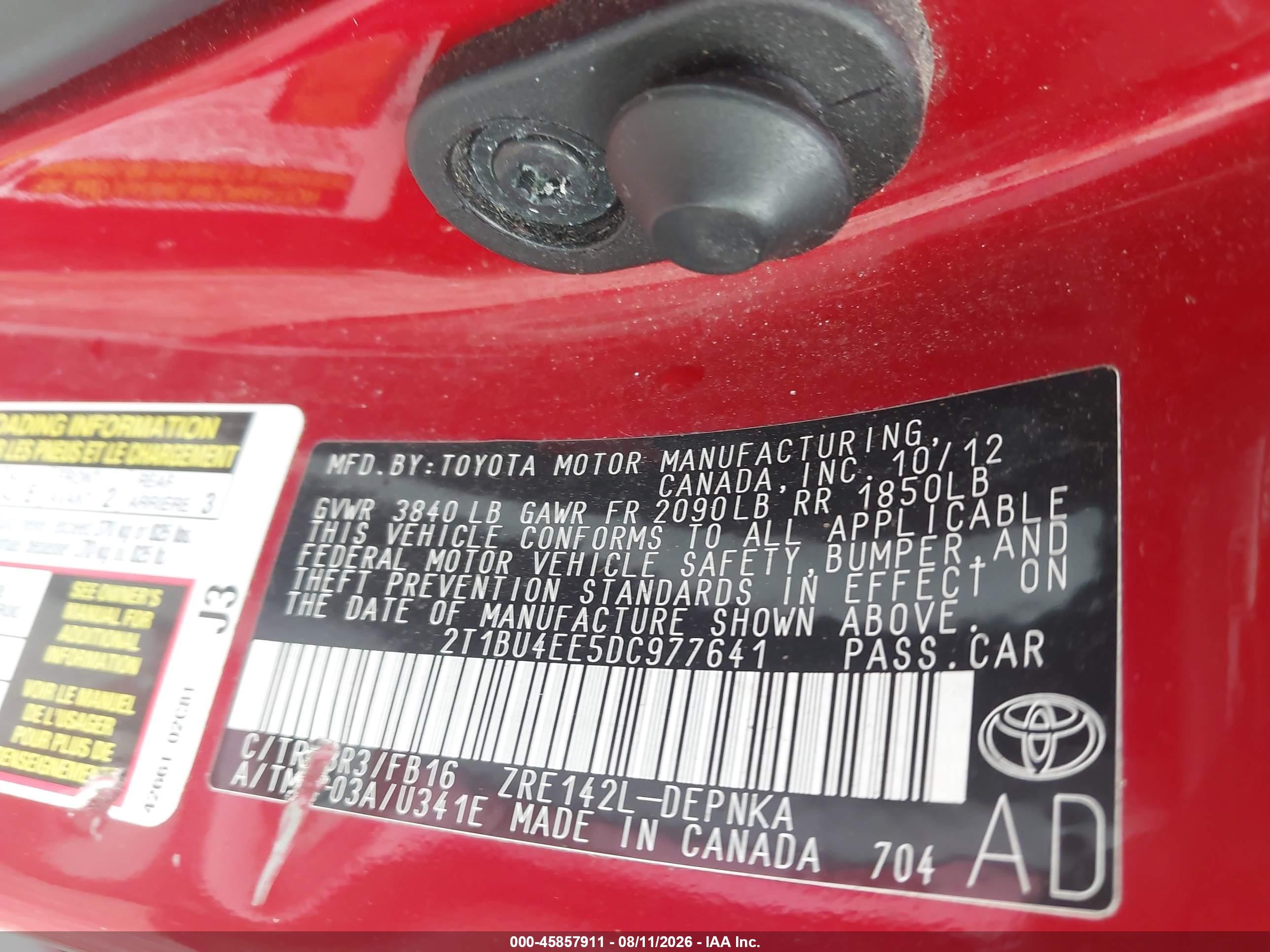 2013 Toyota Corolla Le Red vin: 2T1BU4EE5DC977641