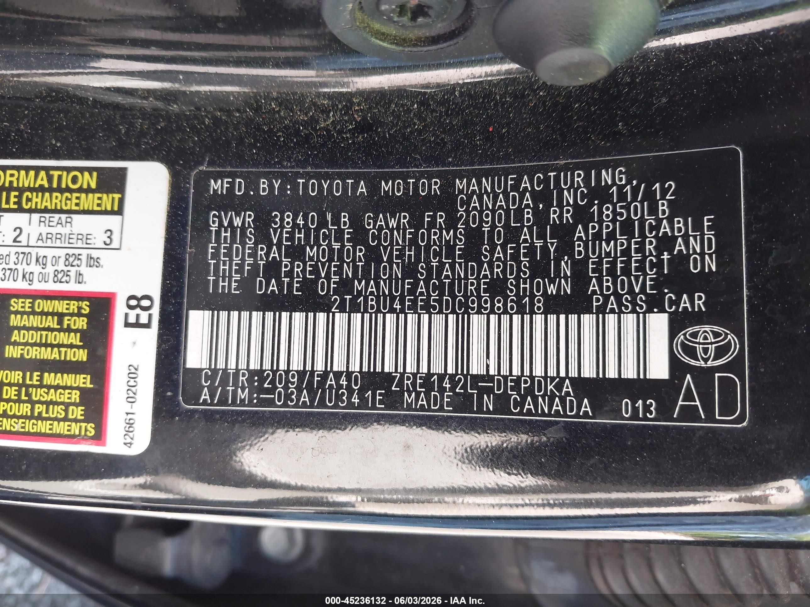 2013 Toyota Corolla L Black vin: 2T1BU4EE5DC998618