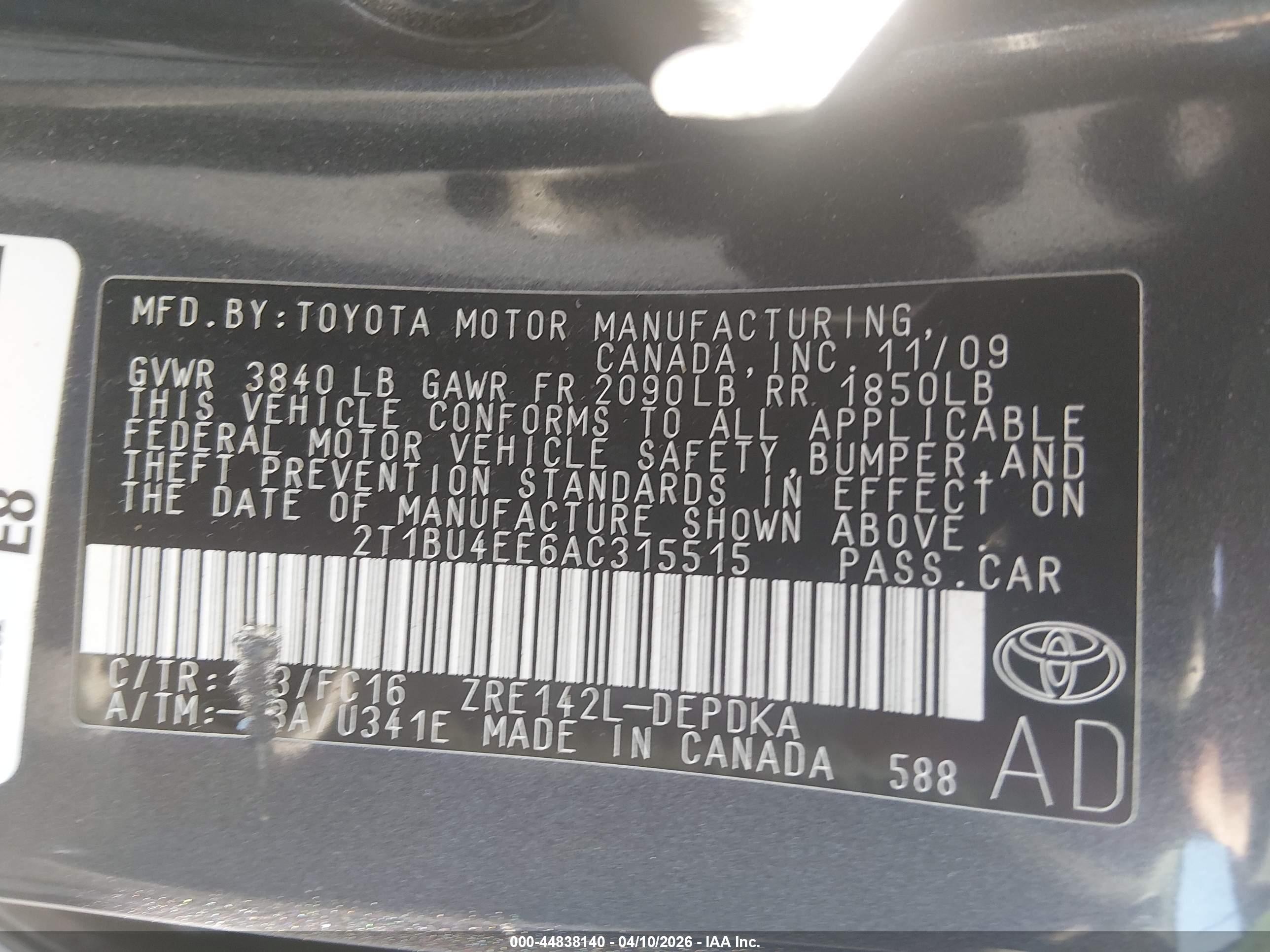 2010 Toyota Corolla Le Black vin: 2T1BU4EE6AC315515