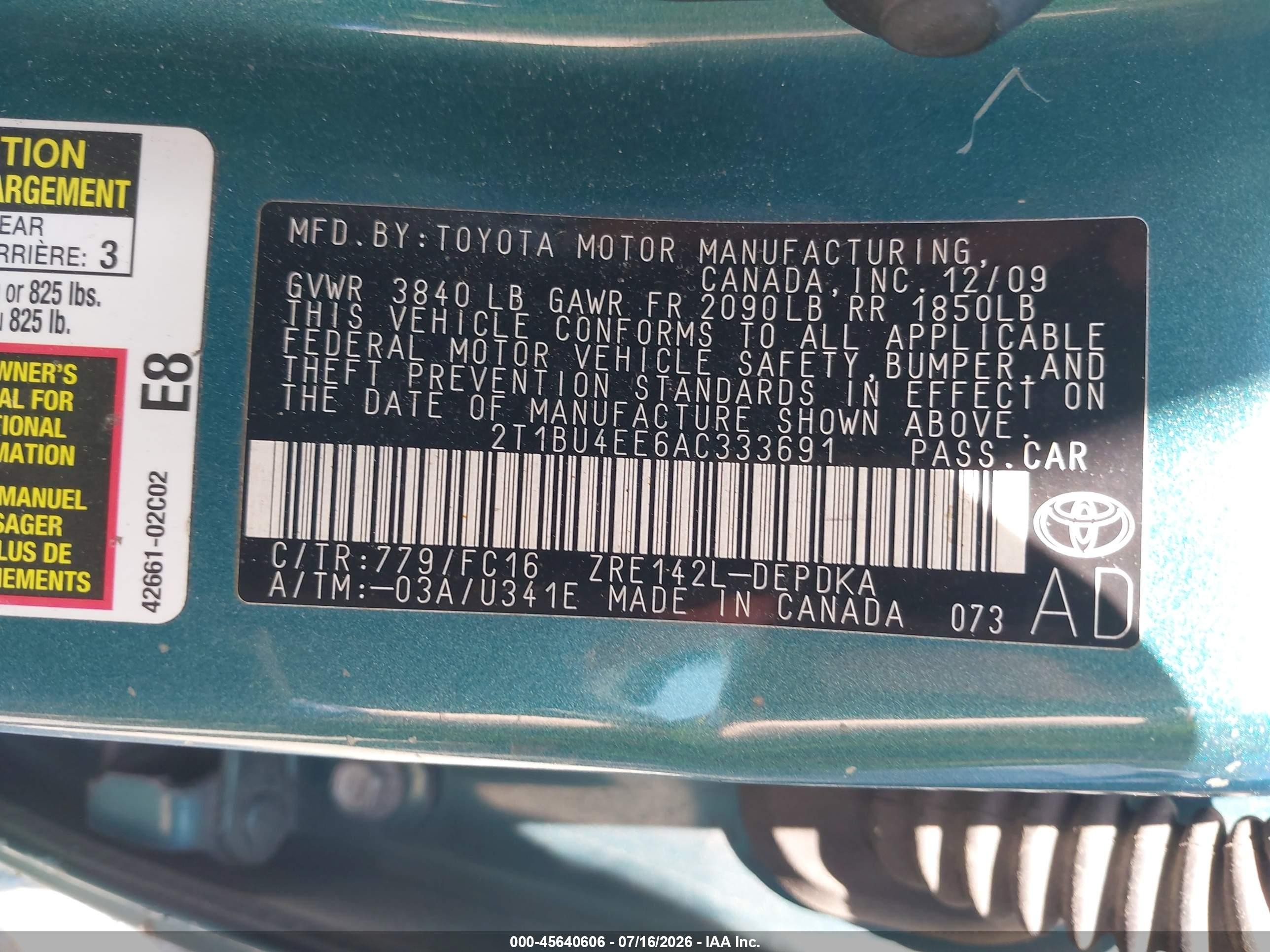 2010 Toyota Corolla Le Teal vin: 2T1BU4EE6AC333691