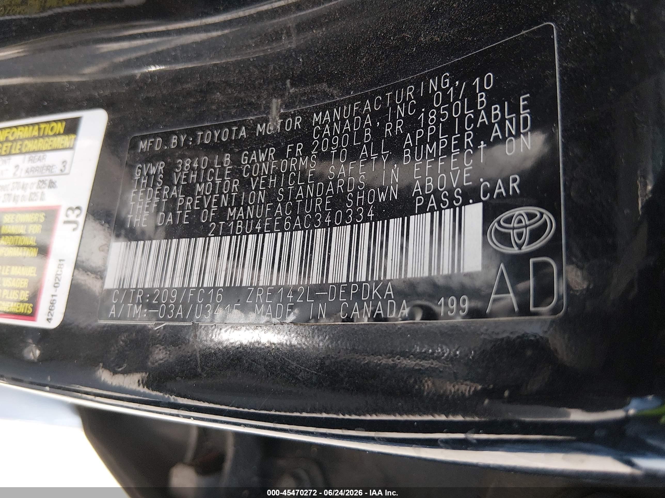 2010 Toyota Corolla Le Black vin: 2T1BU4EE6AC340334