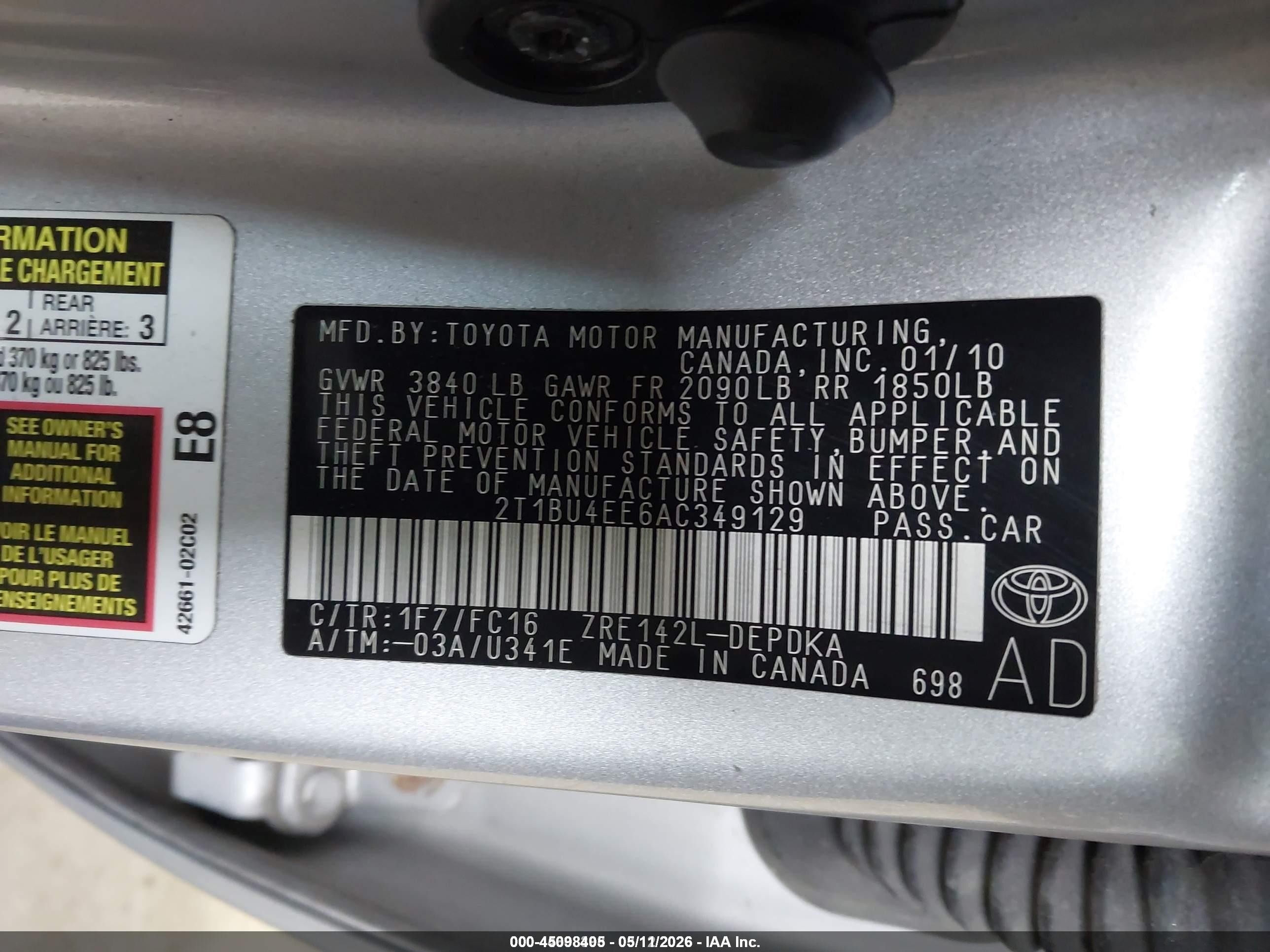 2010 Toyota Corolla Le Silver vin: 2T1BU4EE6AC349129