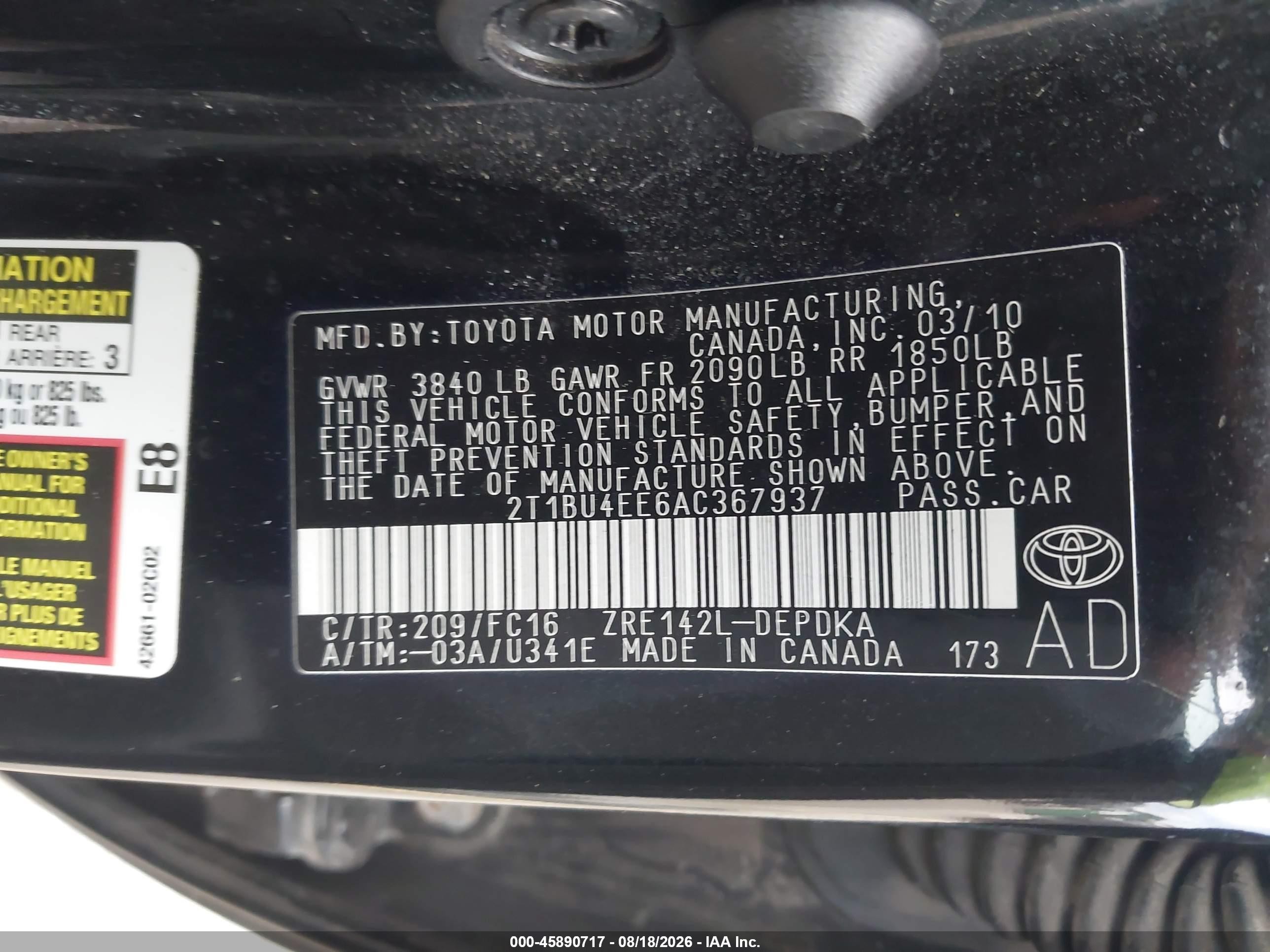 2010 Toyota Corolla Le Black vin: 2T1BU4EE6AC367937