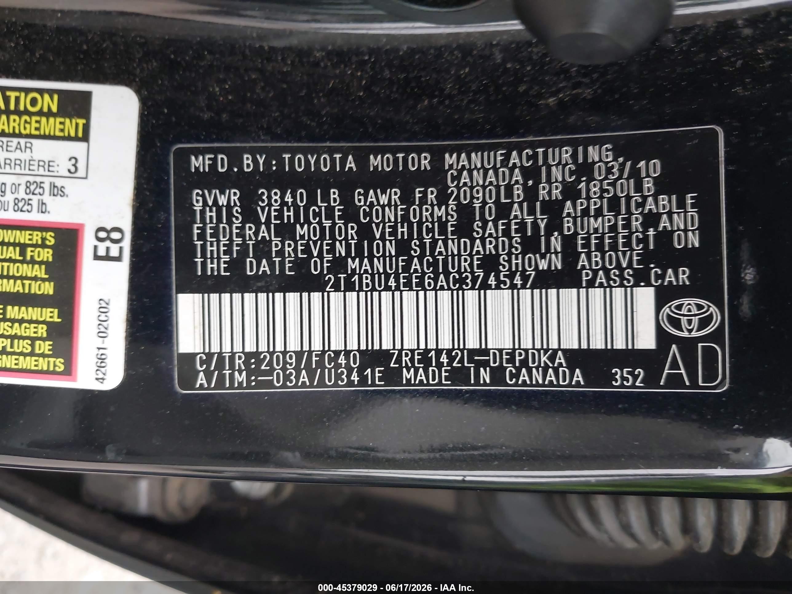 2010 Toyota Corolla Le Black vin: 2T1BU4EE6AC374547