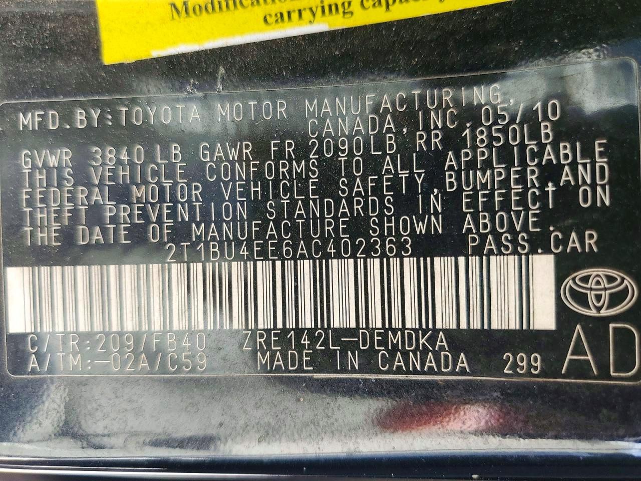 2010 Toyota Corolla Base Charcoal vin: 2T1BU4EE6AC402363
