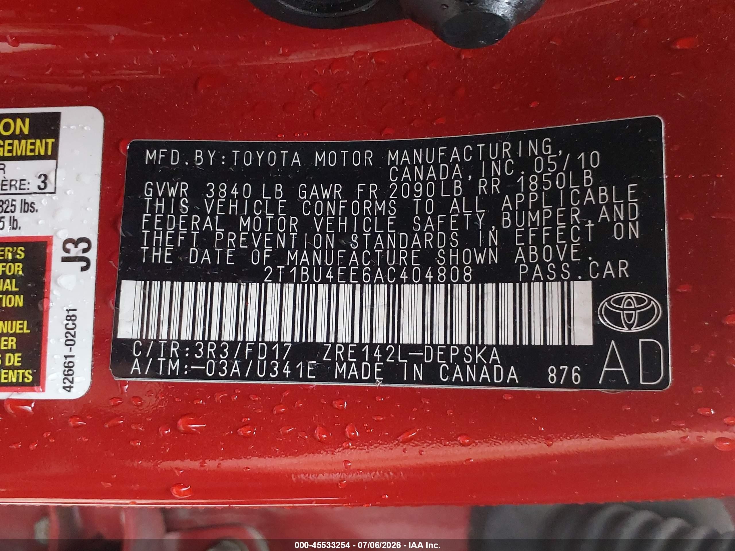 2010 Toyota Corolla S Red vin: 2T1BU4EE6AC404808