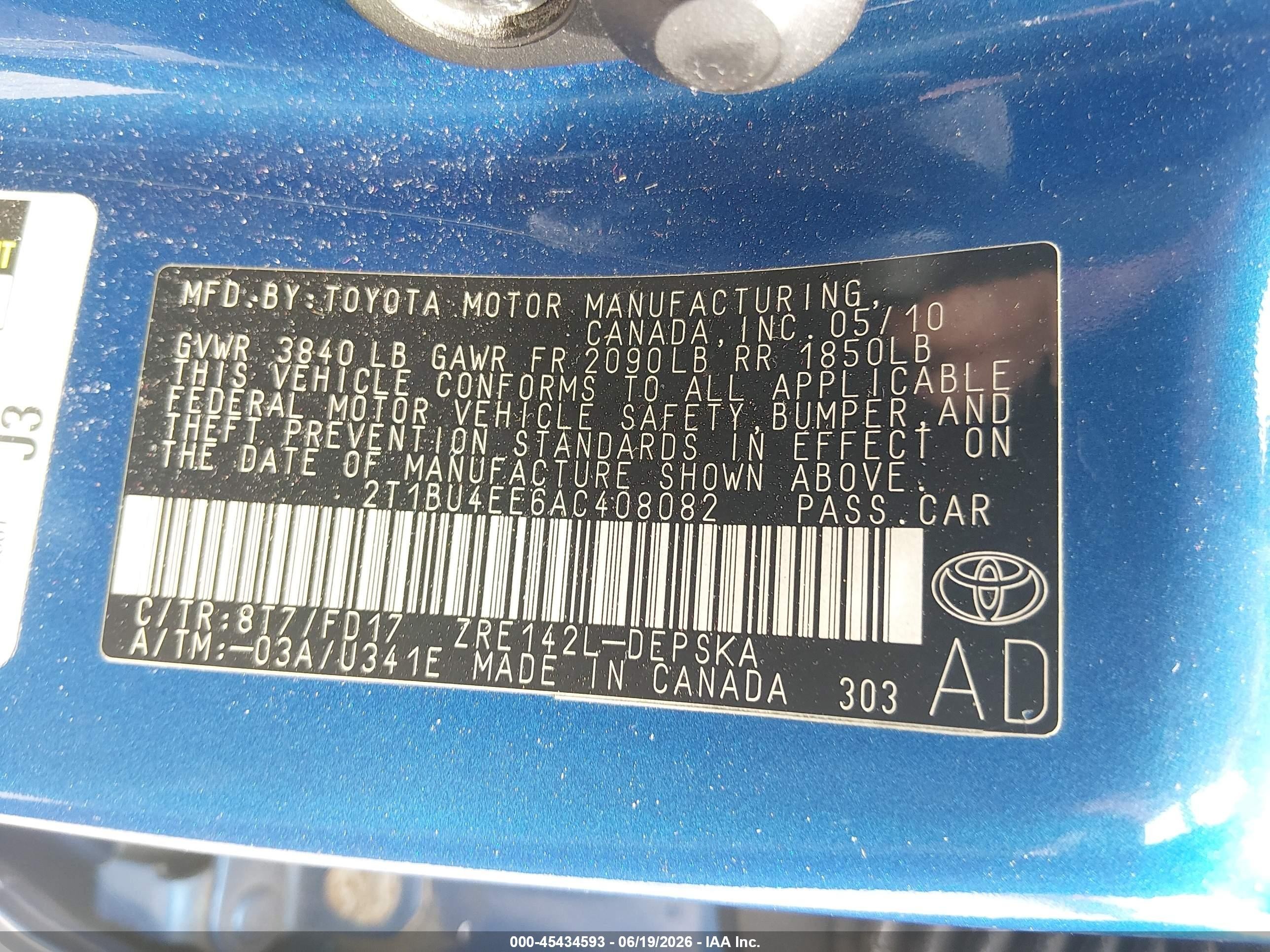 2010 Toyota Corolla S Blue vin: 2T1BU4EE6AC408082