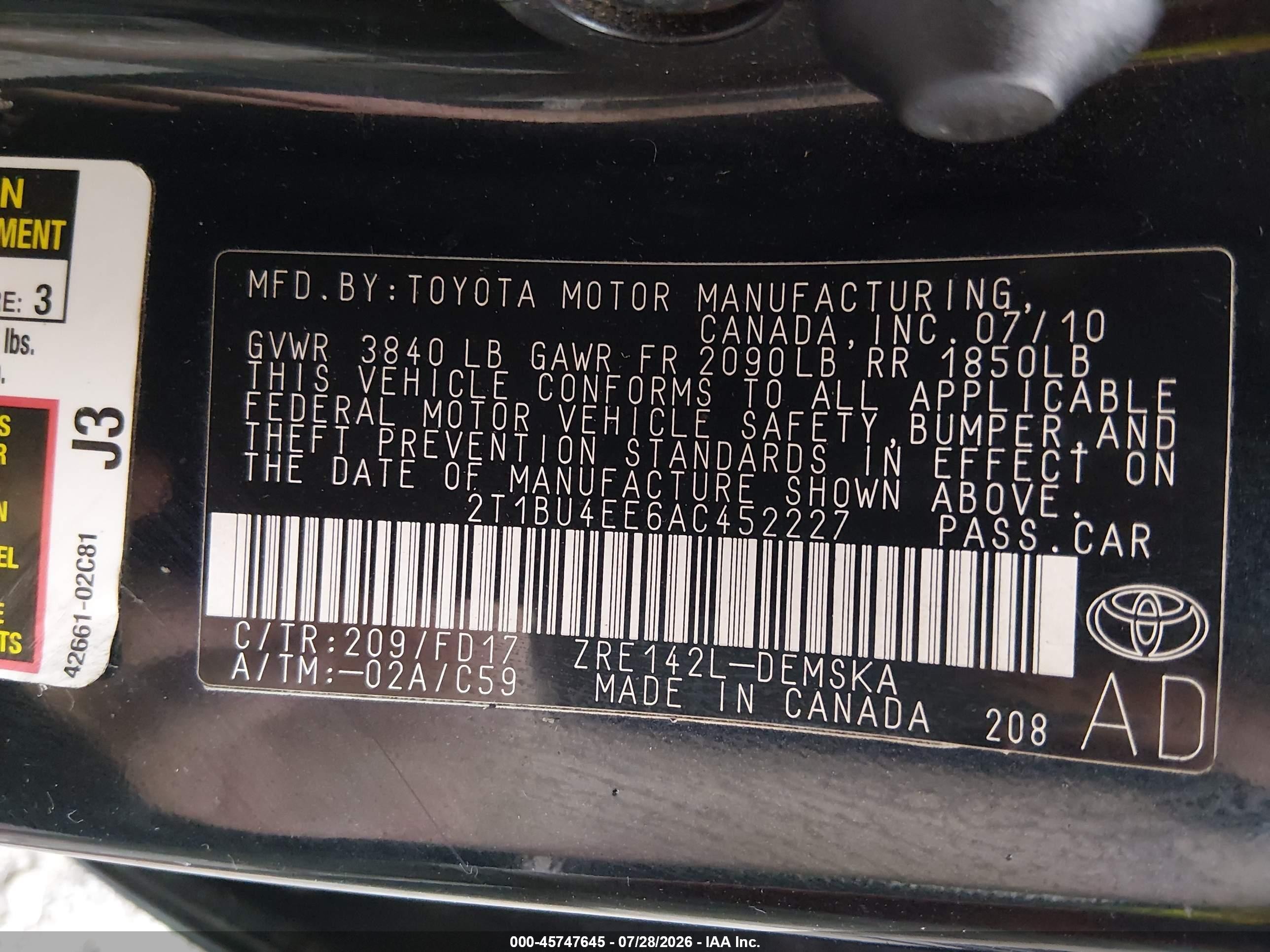 2010 Toyota Corolla S Black vin: 2T1BU4EE6AC452227