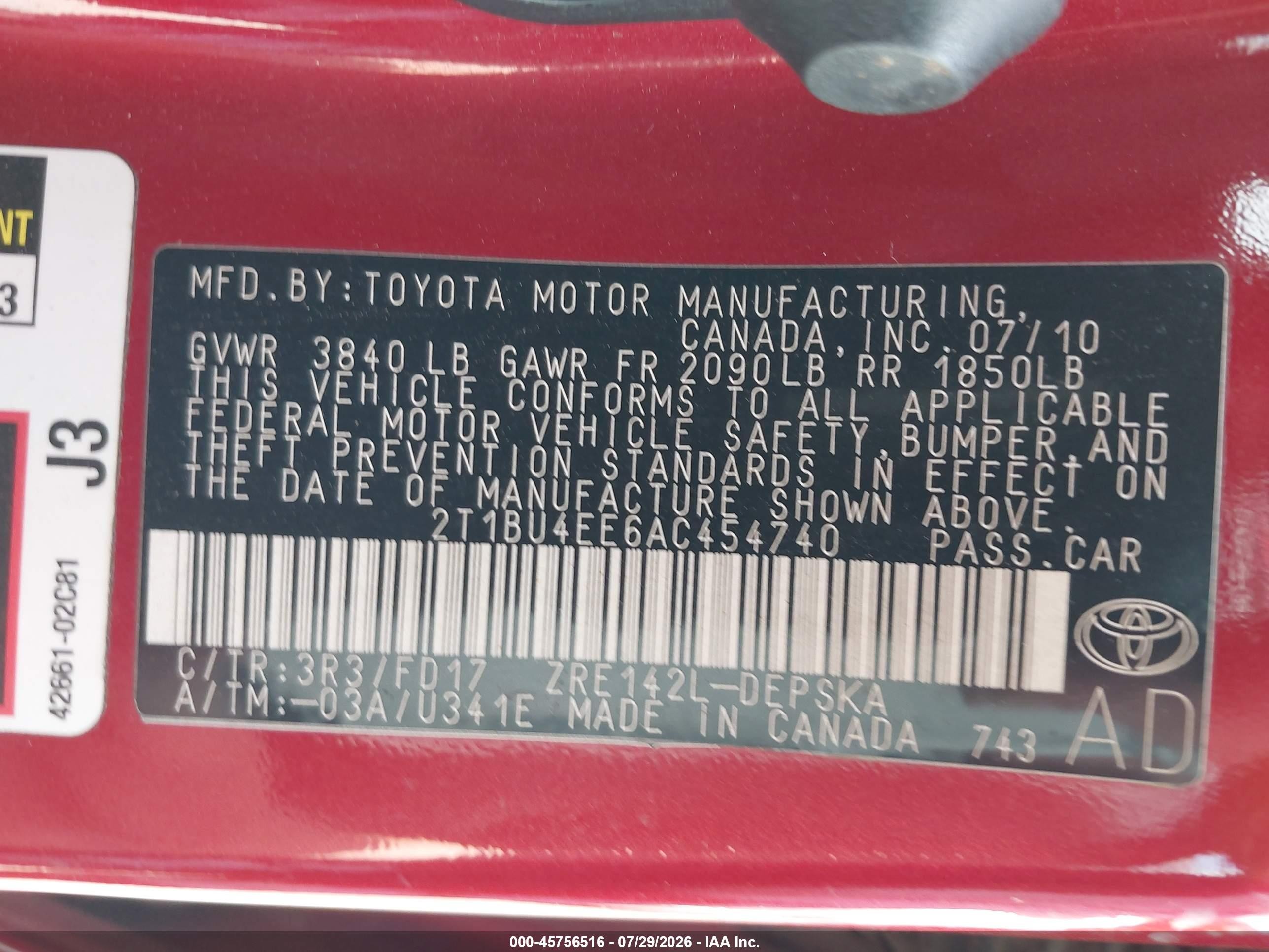 2010 Toyota Corolla S Red vin: 2T1BU4EE6AC454740
