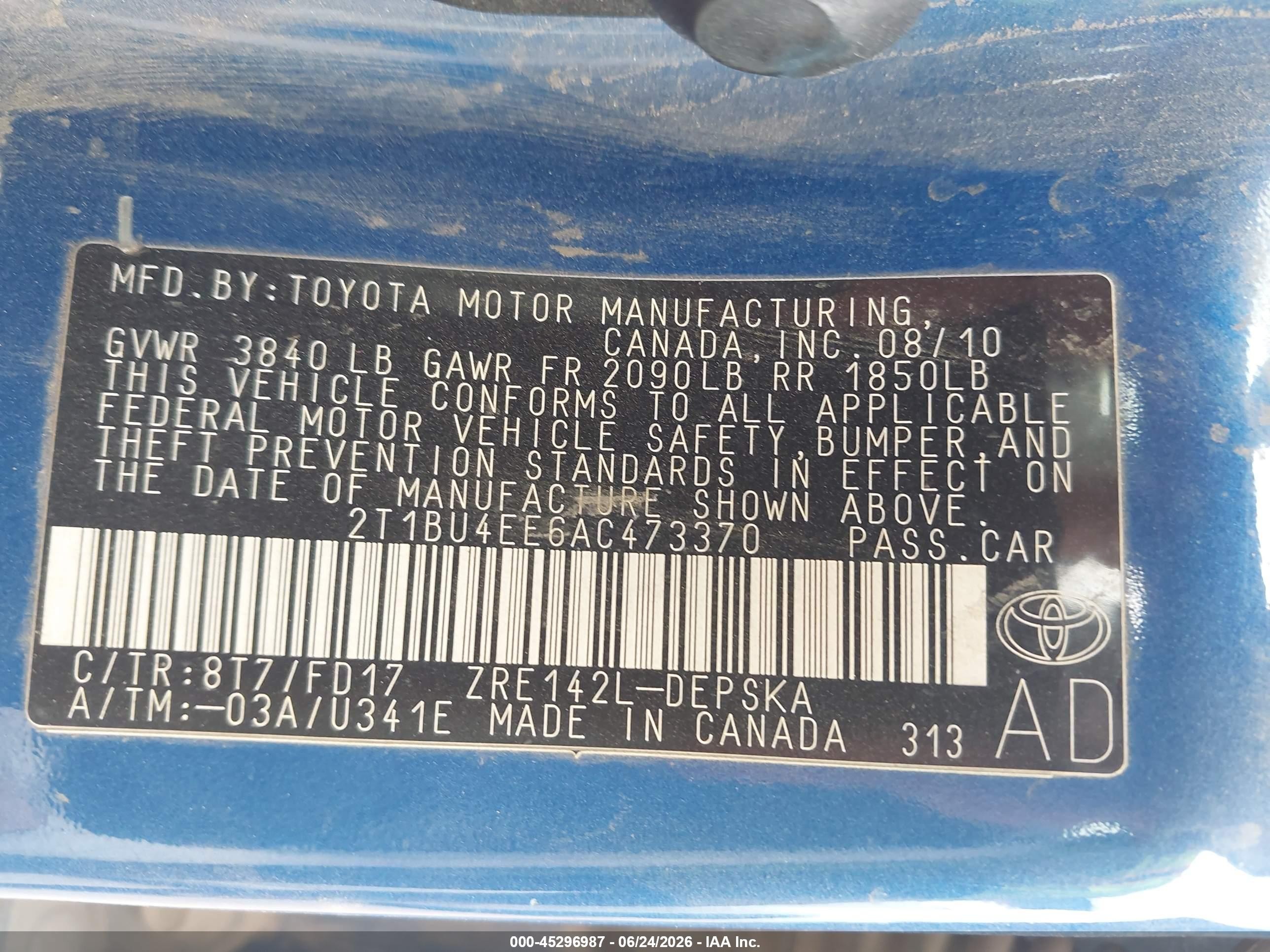 2010 Toyota Corolla S Blue vin: 2T1BU4EE6AC473370