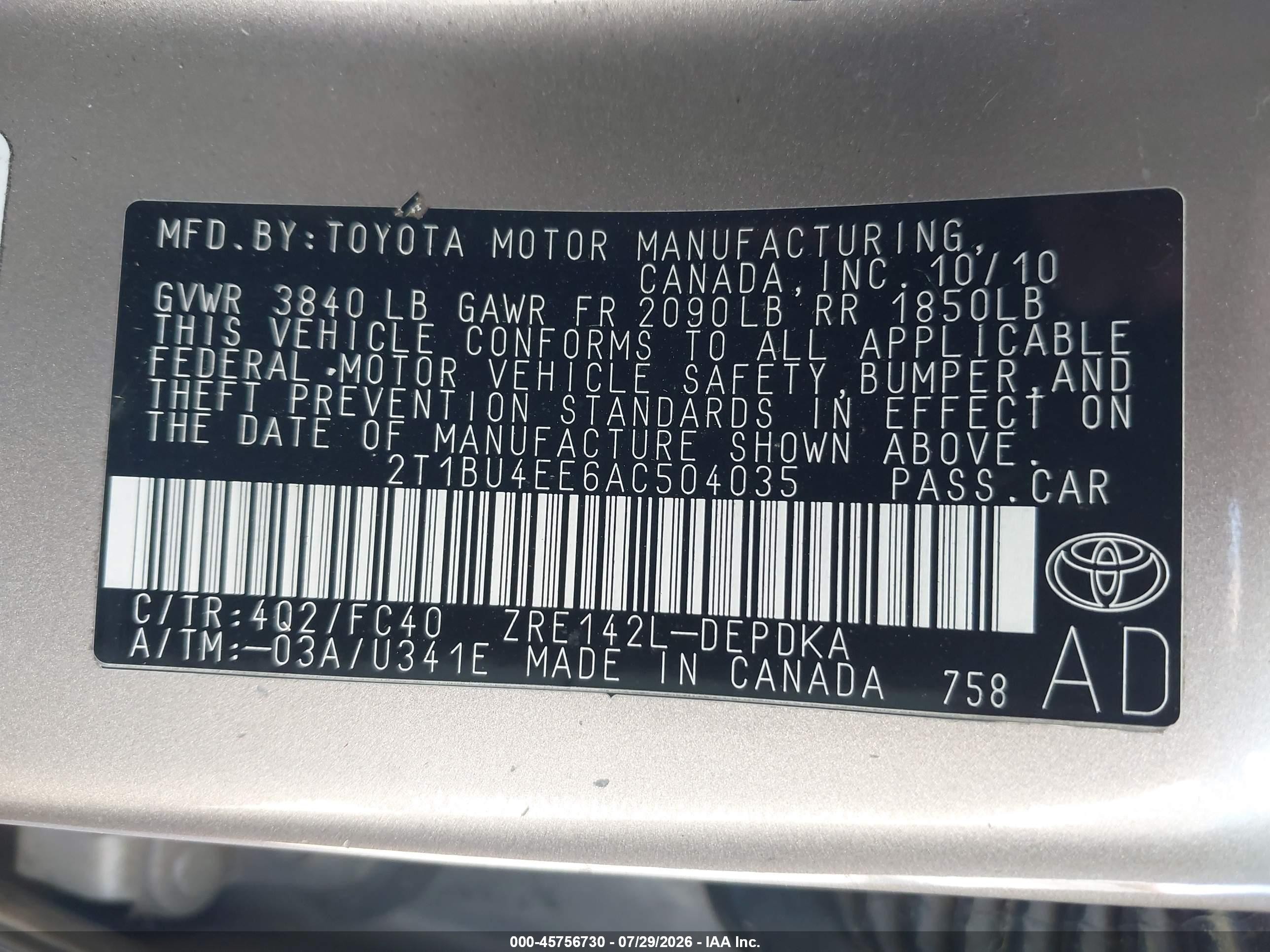 2010 Toyota Corolla Le Gold vin: 2T1BU4EE6AC504035