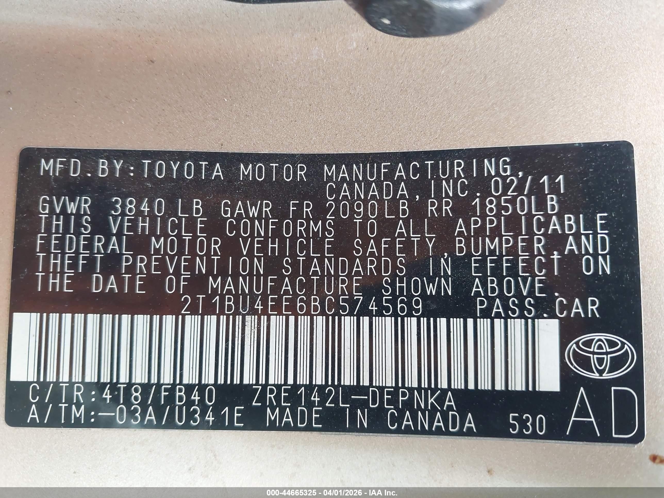 2011 Toyota Corolla Le Бежевый vin: 2T1BU4EE6BC574569