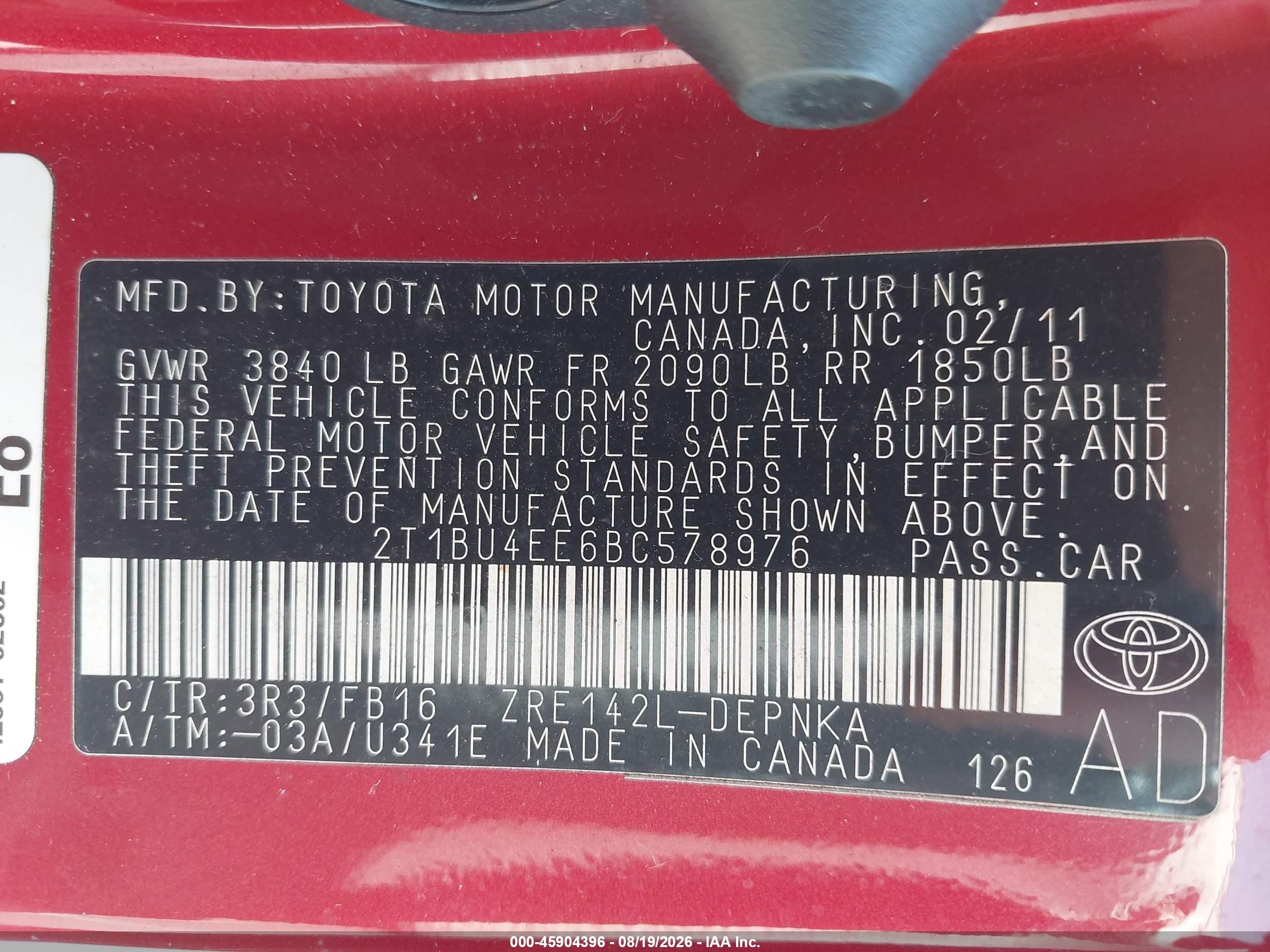 2011 Toyota Corolla Le Red vin: 2T1BU4EE6BC578976