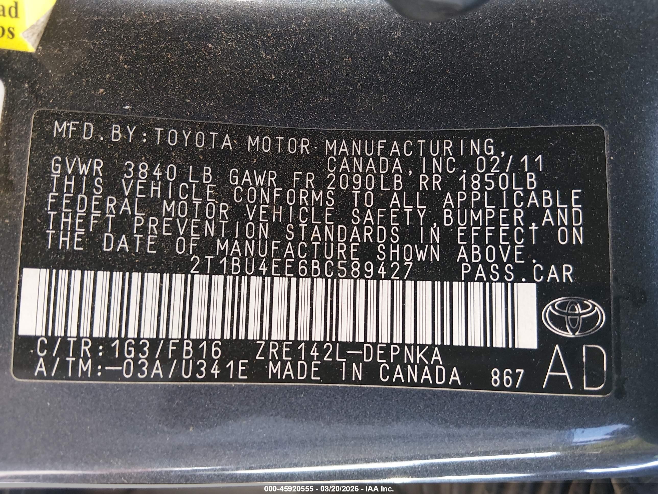 2011 Toyota Corolla Le Gray vin: 2T1BU4EE6BC589427