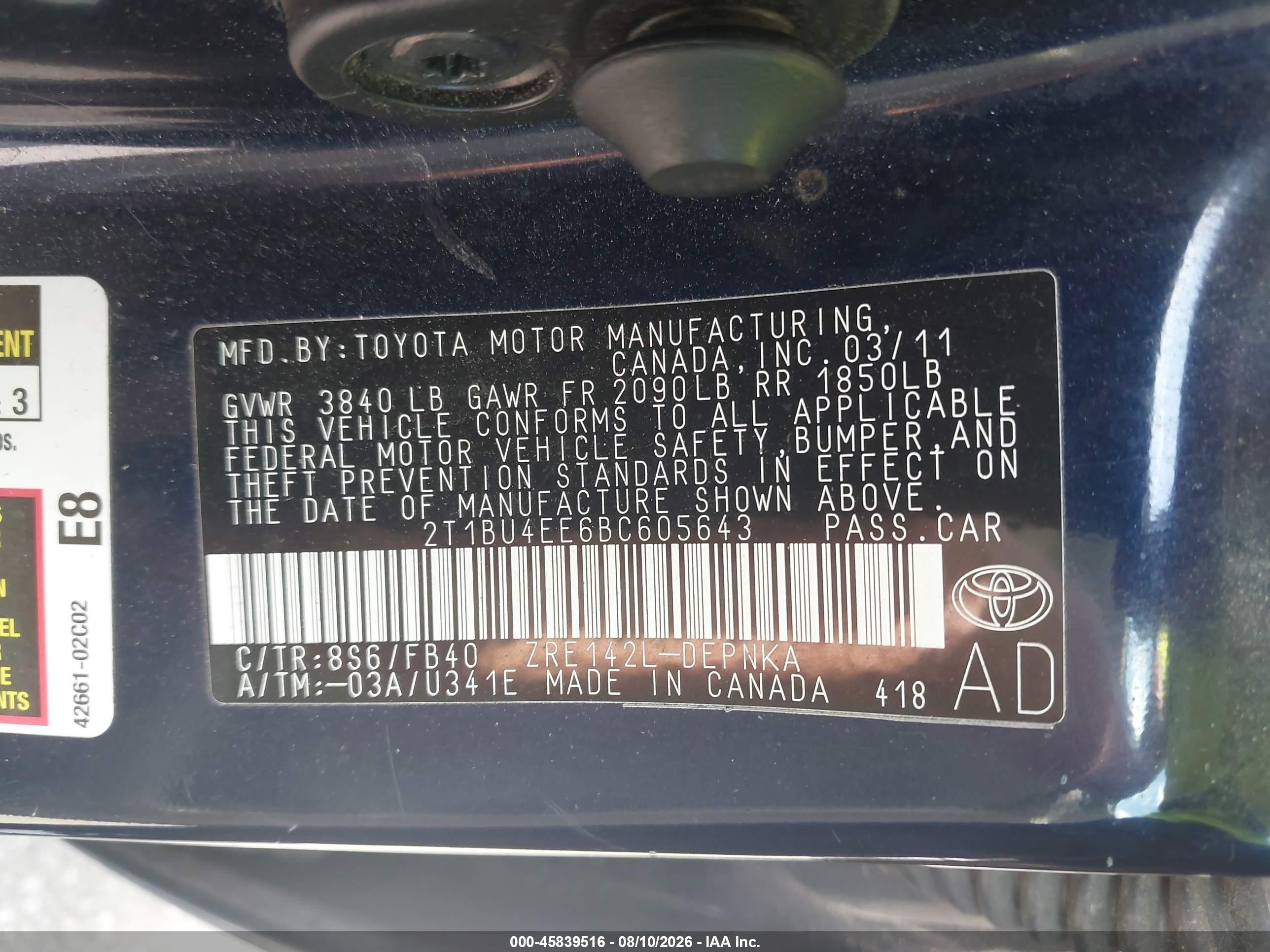 2011 Toyota Corolla Le Blue vin: 2T1BU4EE6BC605643