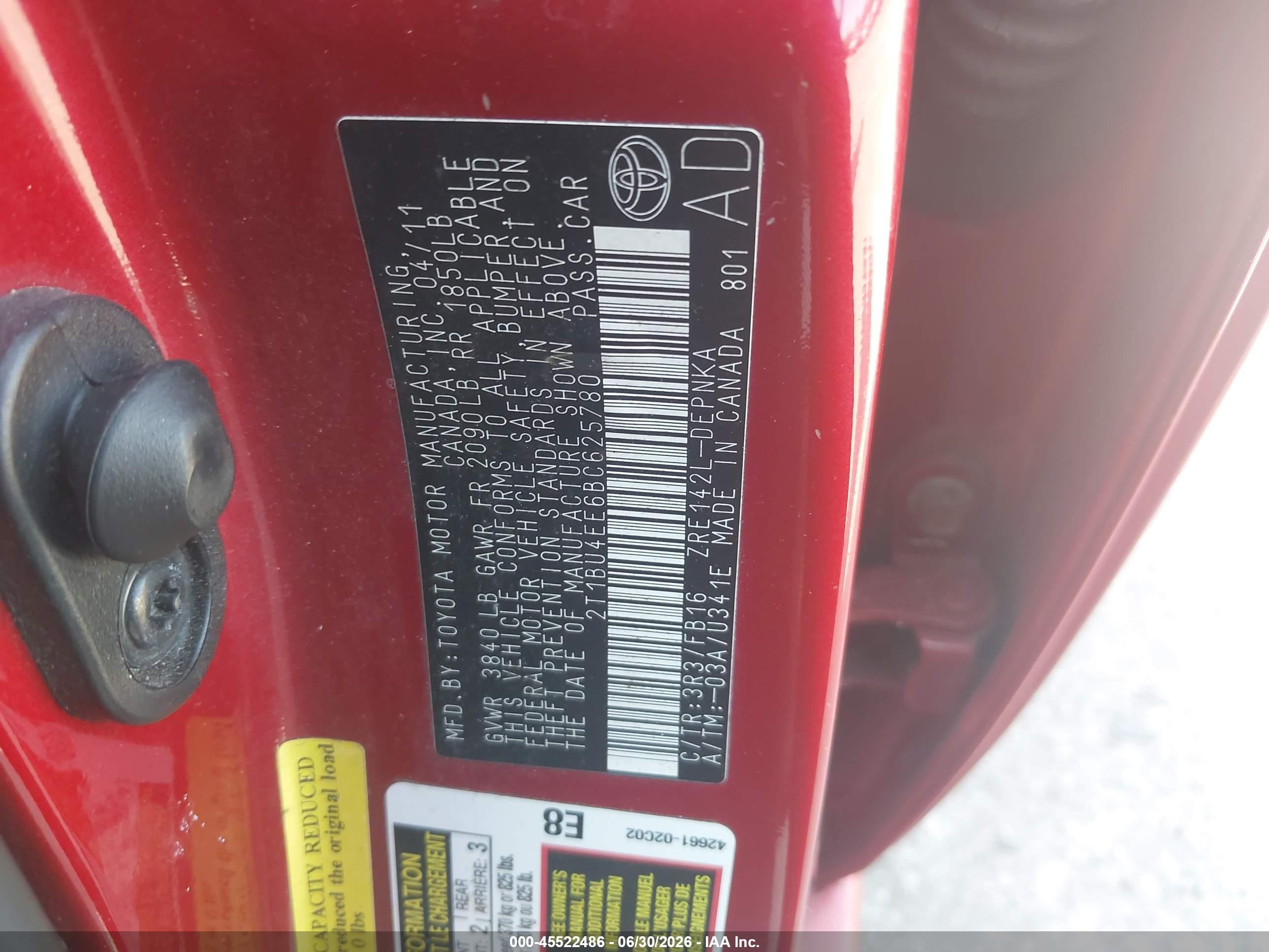2011 Toyota Corolla Le Красный vin: 2T1BU4EE6BC625780