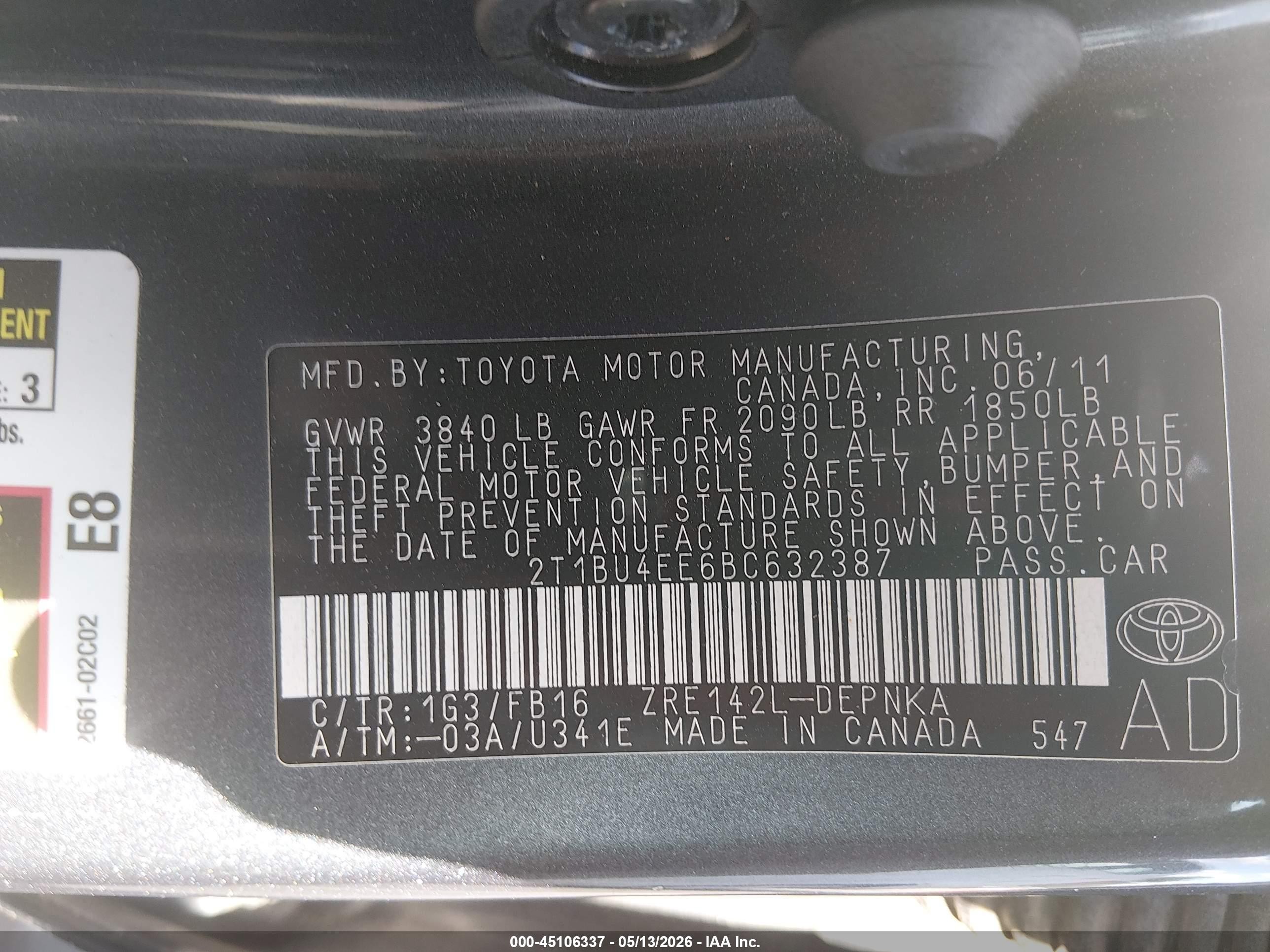 2011 Toyota Corolla Le Gray vin: 2T1BU4EE6BC632387