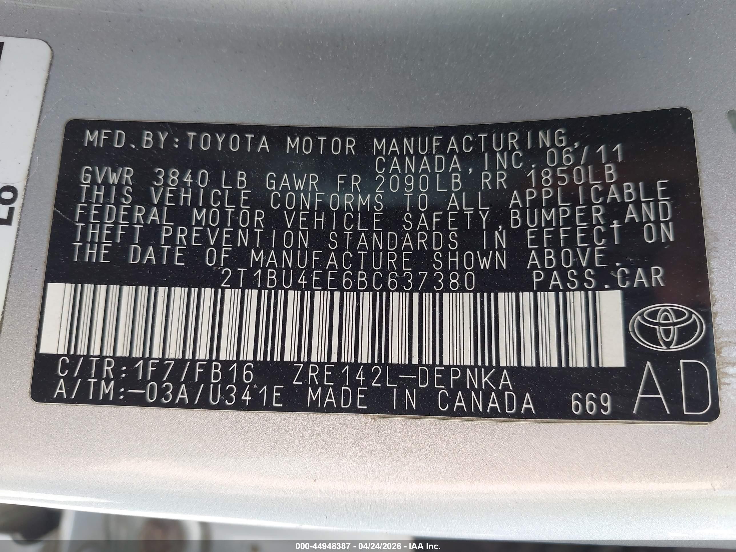 2011 Toyota Corolla Le Silver vin: 2T1BU4EE6BC637380