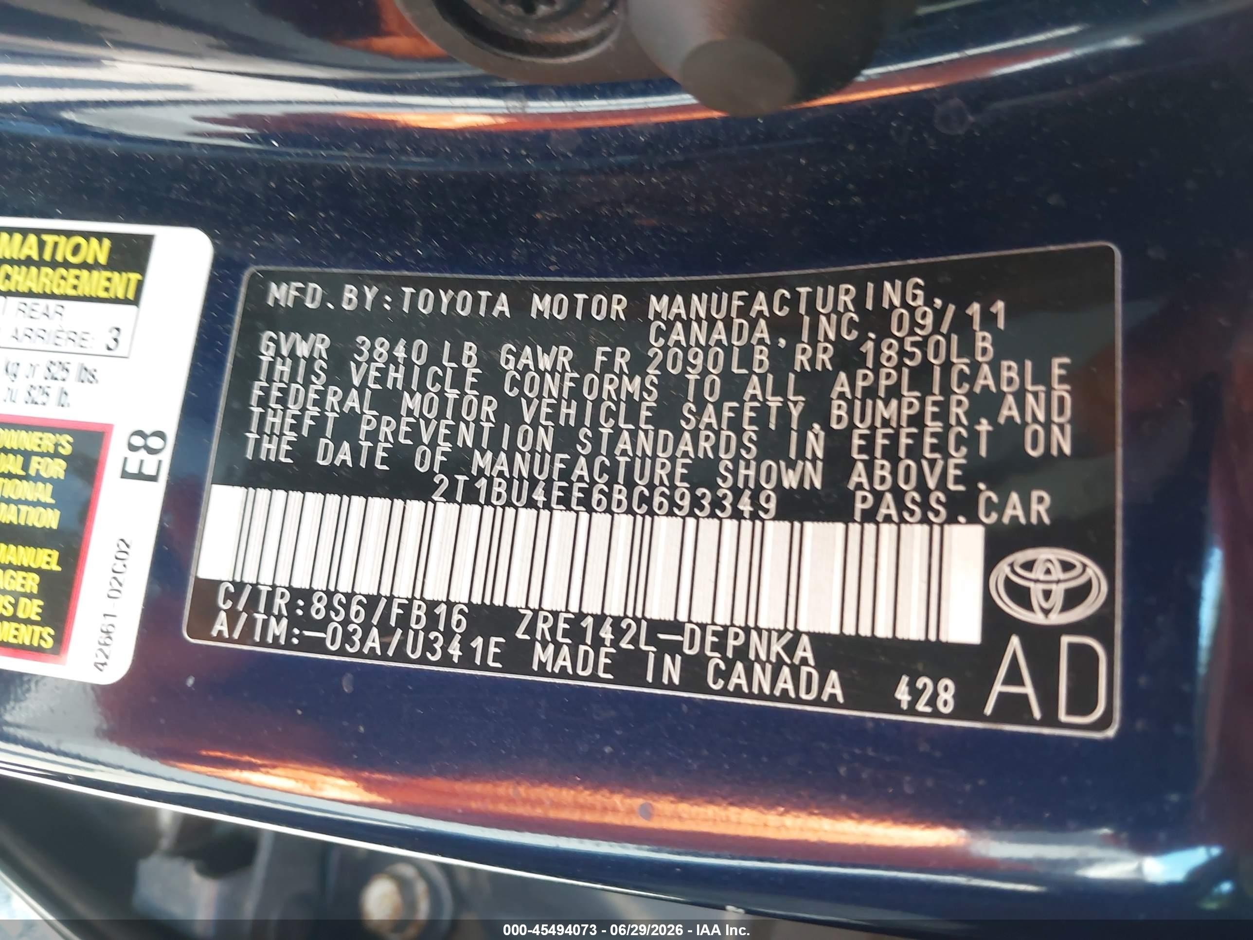 2011 Toyota Corolla Le Blue vin: 2T1BU4EE6BC693349