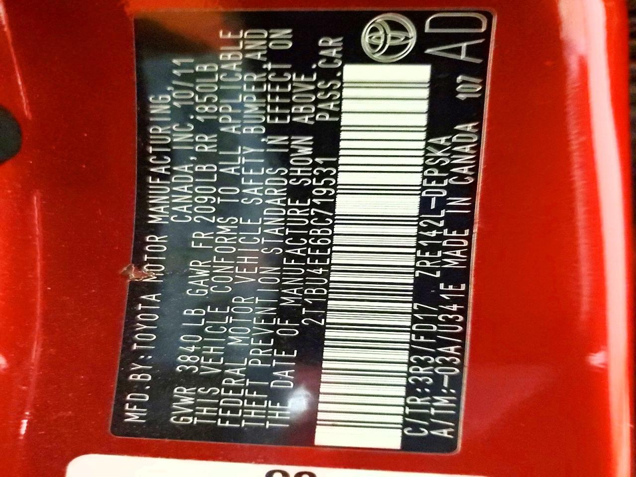 2011 Toyota Corolla S Red vin: 2T1BU4EE6BC719531