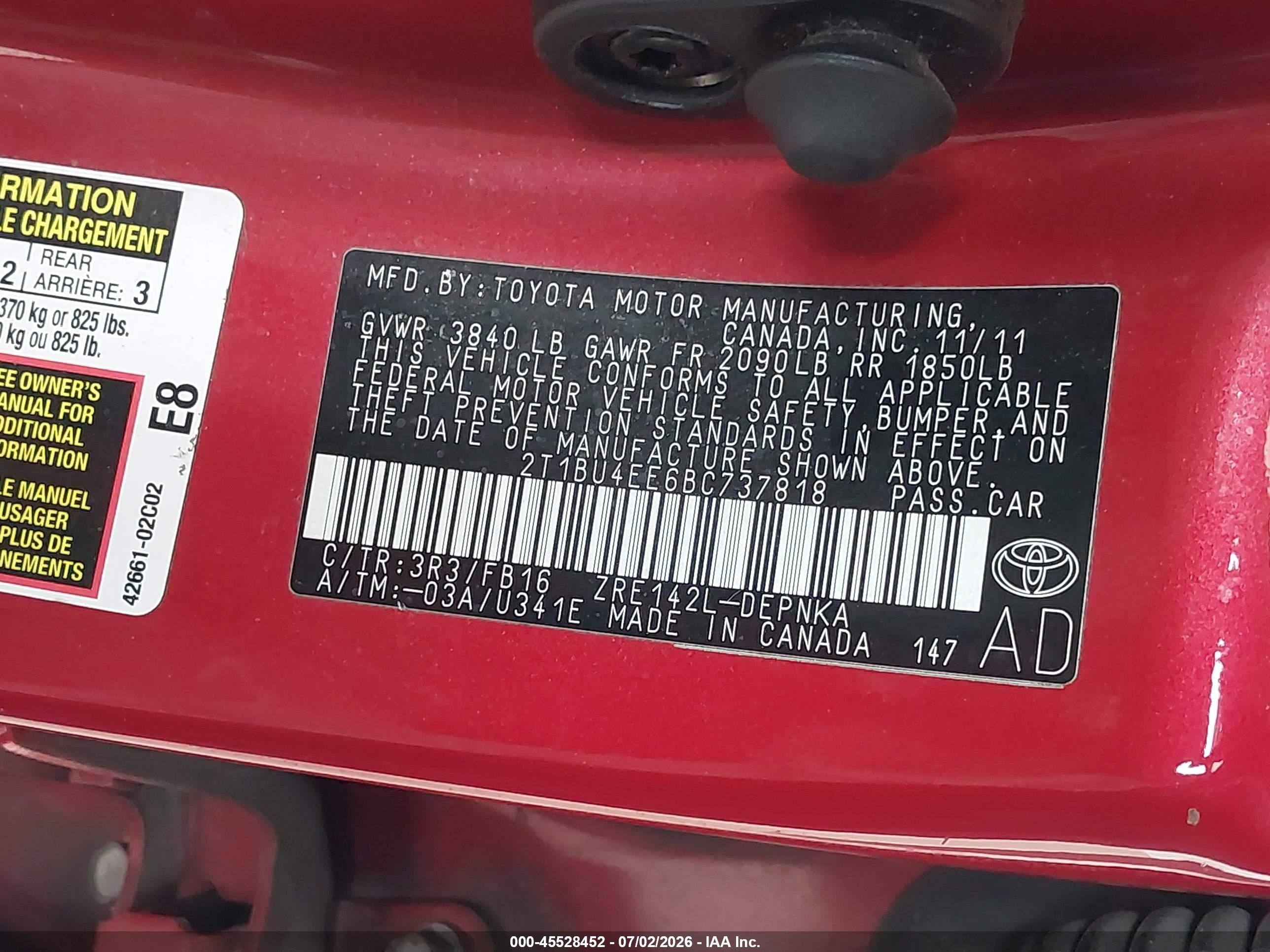 2011 Toyota Corolla Le Красный vin: 2T1BU4EE6BC737818