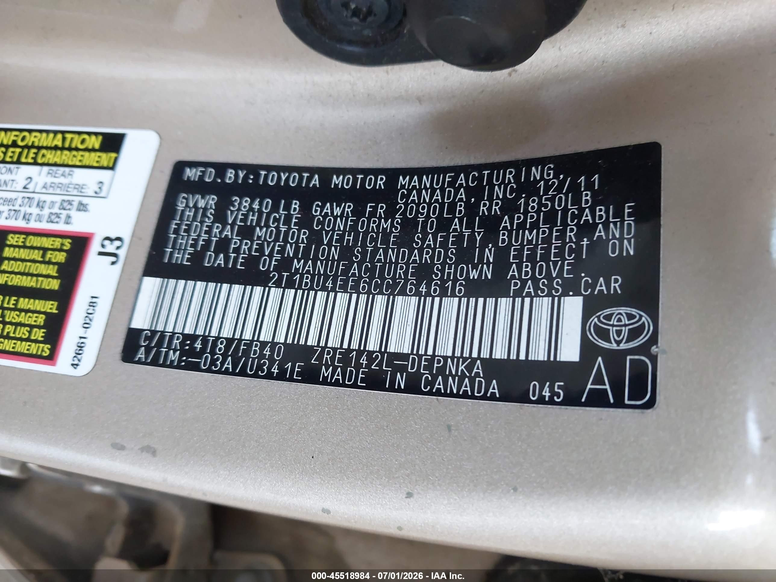 2012 Toyota Corolla Le Gold vin: 2T1BU4EE6CC764616