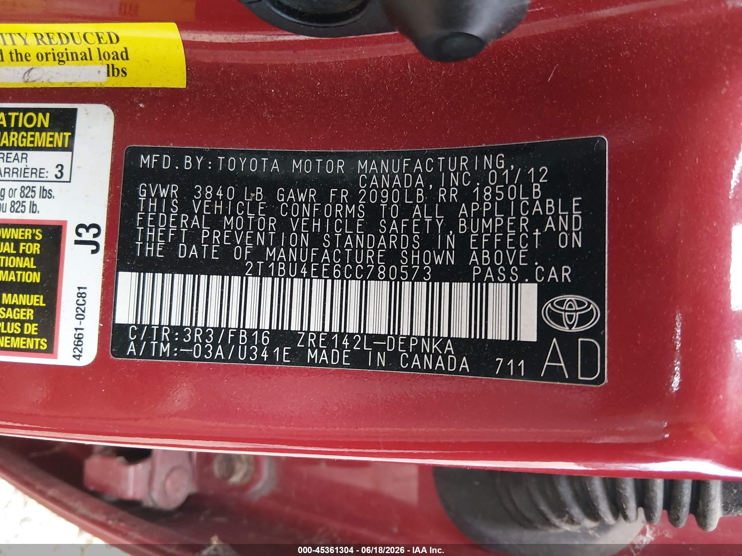 2012 Toyota Corolla Le Red vin: 2T1BU4EE6CC780573