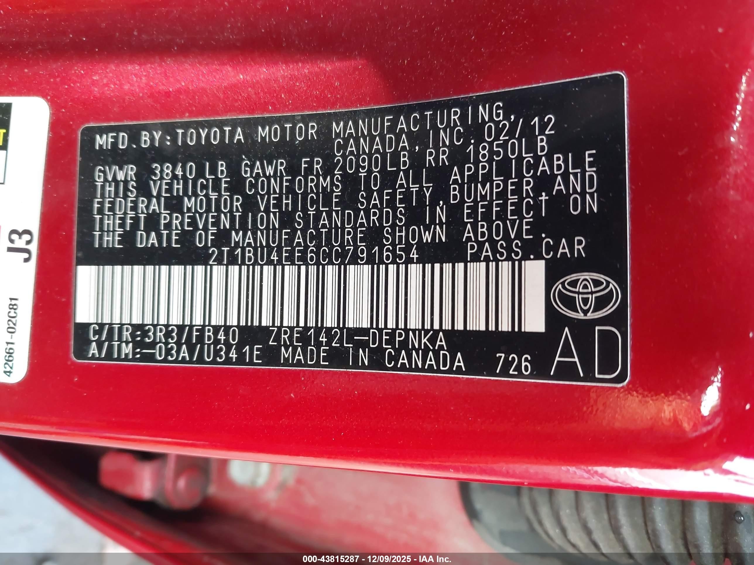 2012 Toyota Corolla Le Red vin: 2T1BU4EE6CC791654