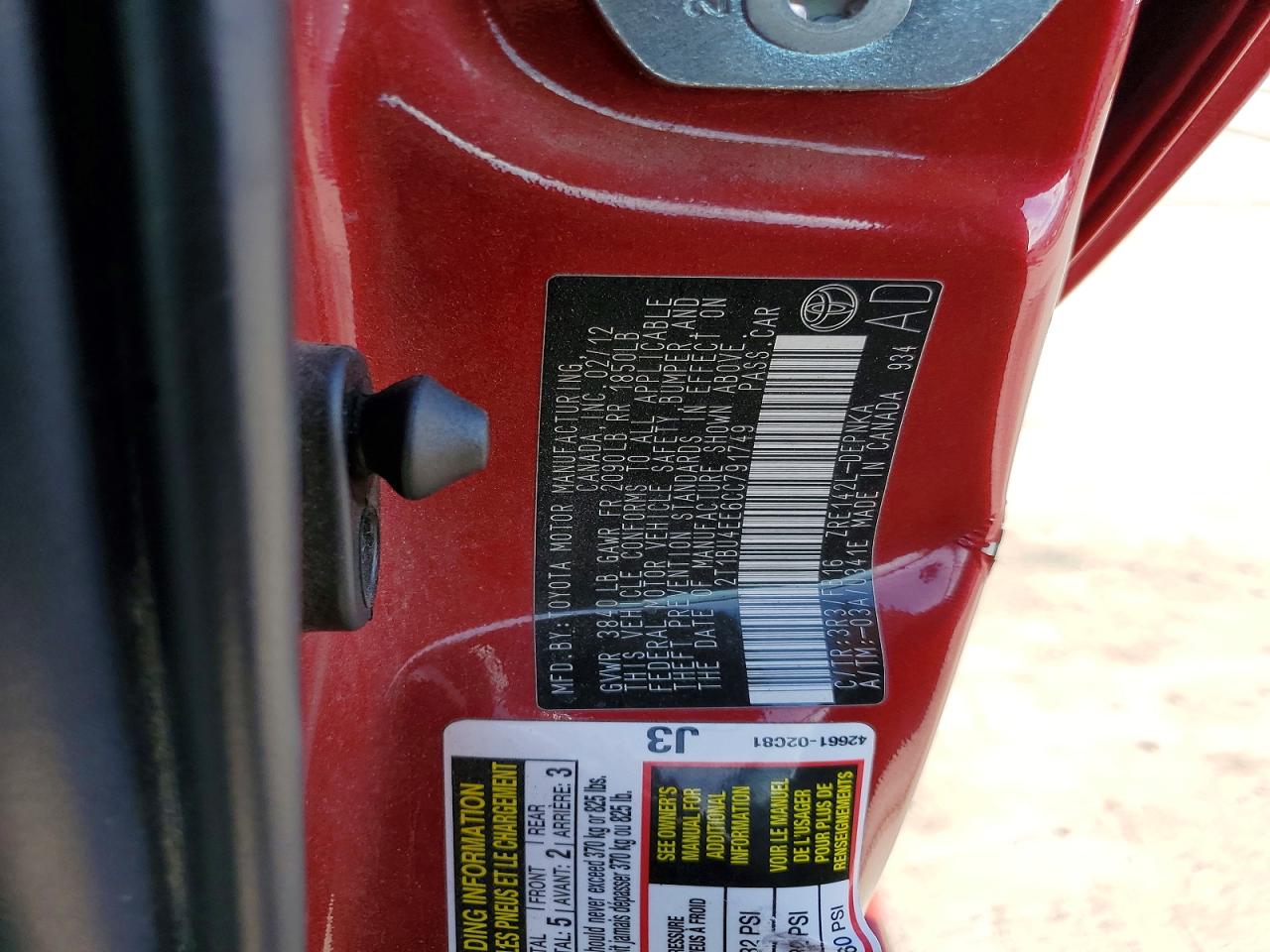 2012 Toyota Corolla Le Red vin: 2T1BU4EE6CC791749