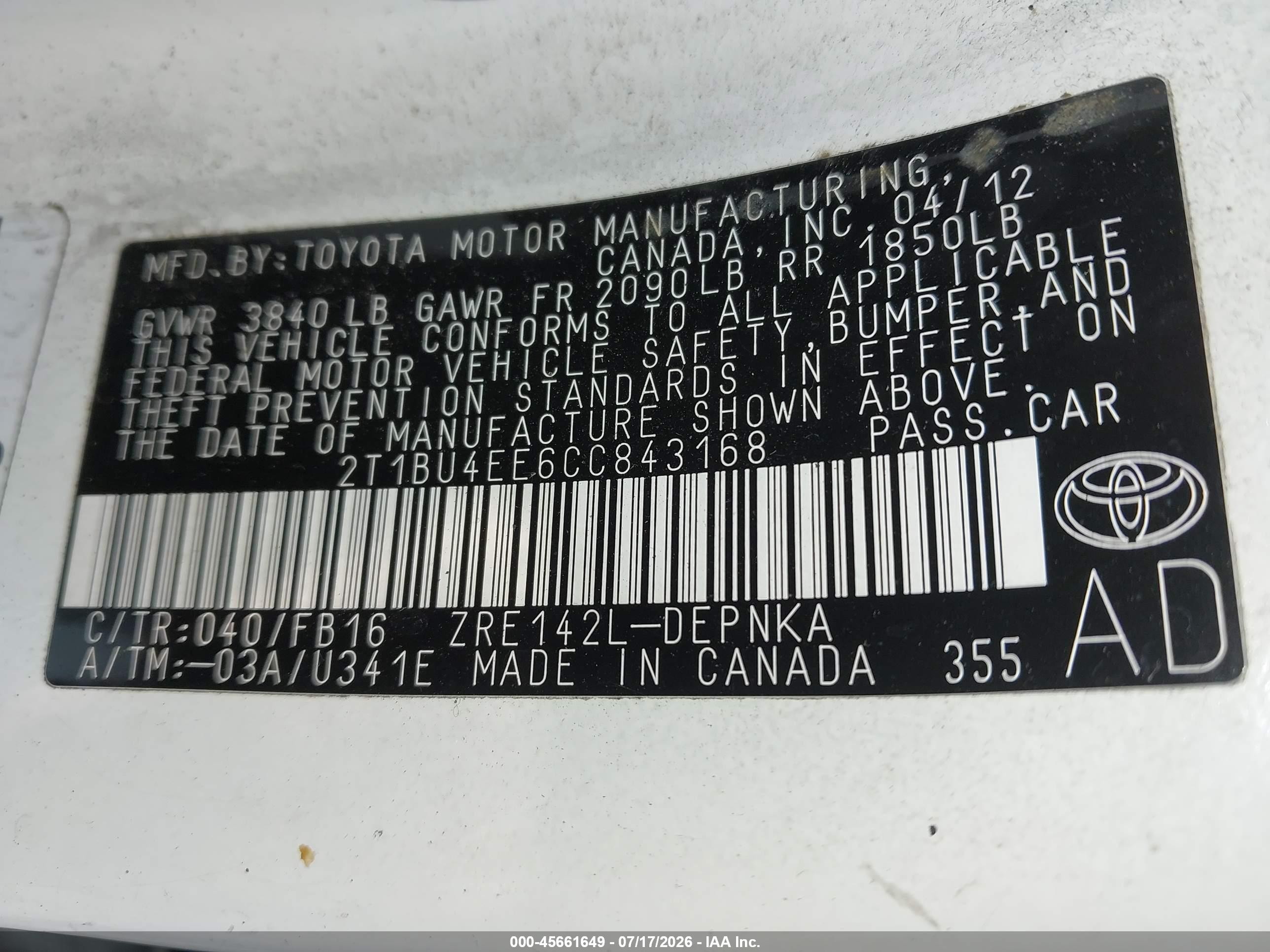 2012 Toyota Corolla Le Белый vin: 2T1BU4EE6CC843168