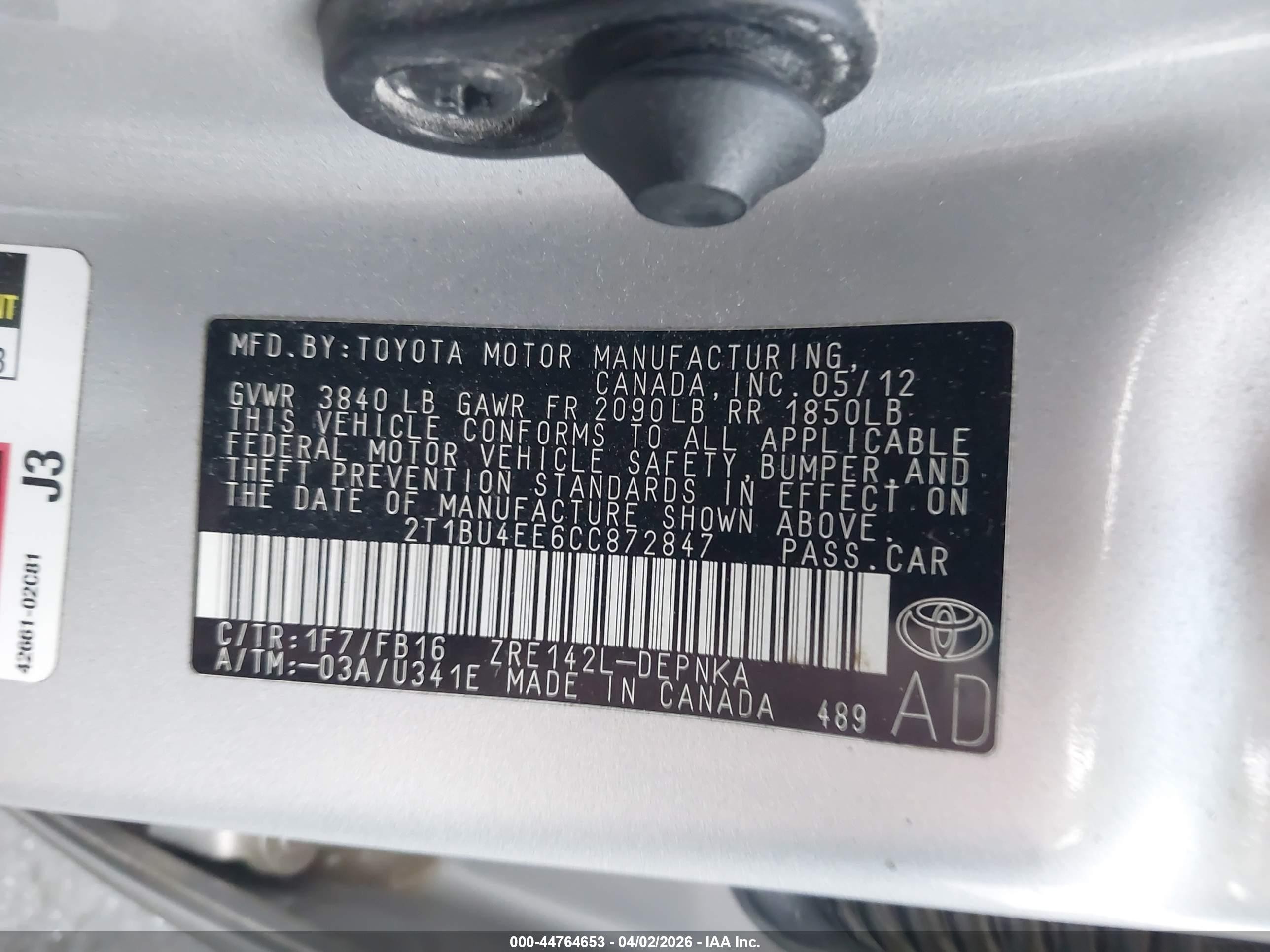 2012 Toyota Corolla Le Silver vin: 2T1BU4EE6CC872847