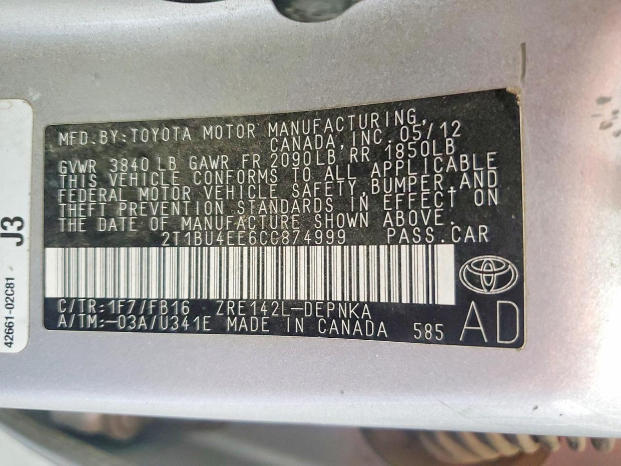 2012 Toyota Corolla Le Silver vin: 2T1BU4EE6CC874999