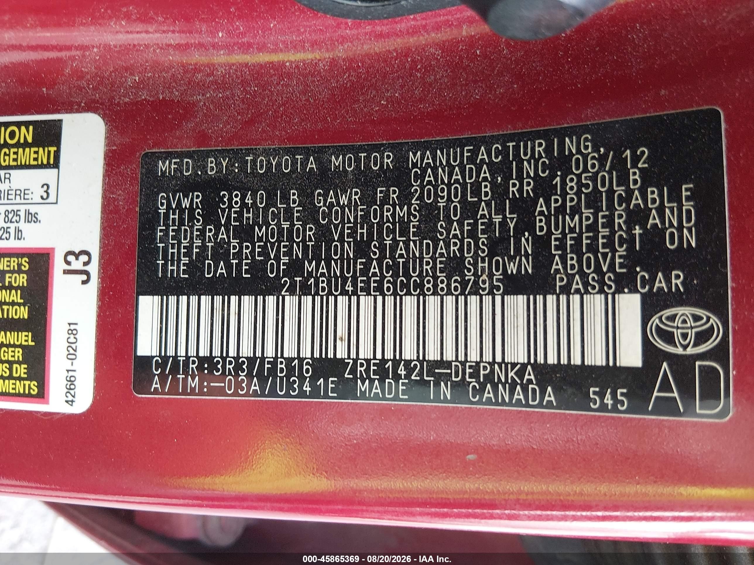 2012 Toyota Corolla Le Красный vin: 2T1BU4EE6CC886795