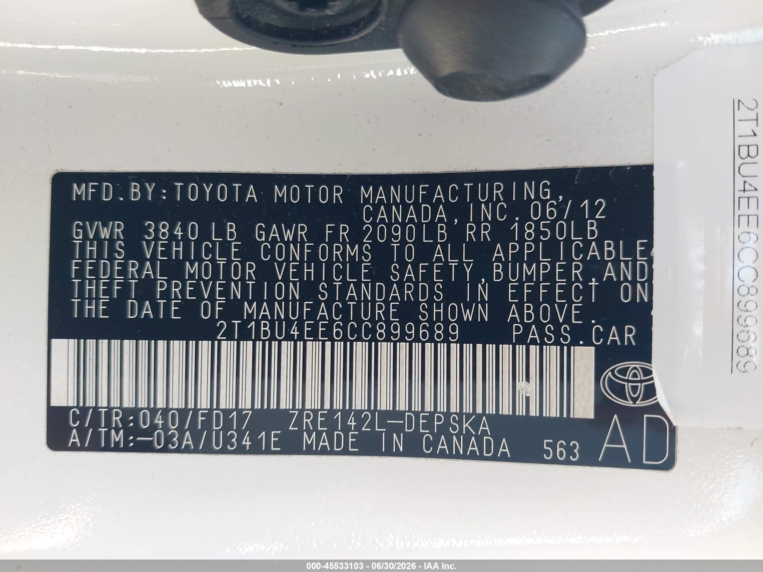 2012 Toyota Corolla S White vin: 2T1BU4EE6CC899689