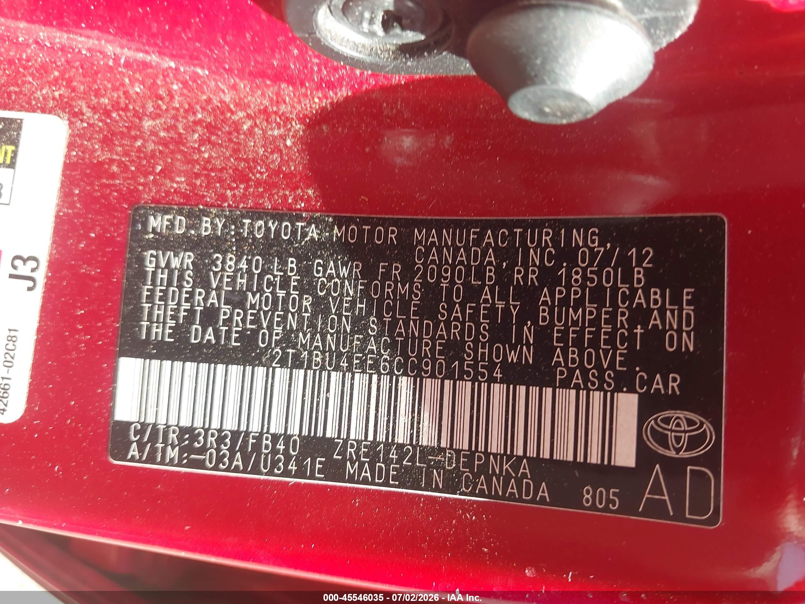 2012 Toyota Corolla Le Red vin: 2T1BU4EE6CC901554
