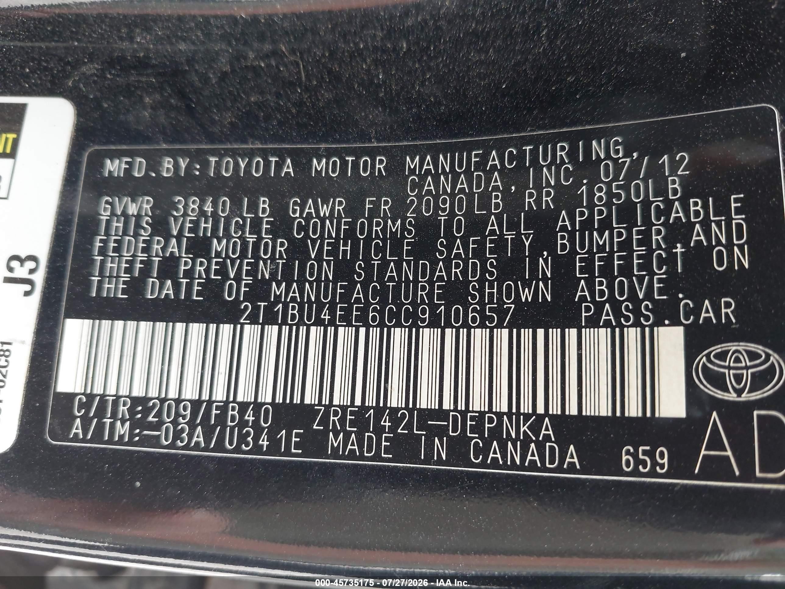 2012 Toyota Corolla Le Black vin: 2T1BU4EE6CC910657