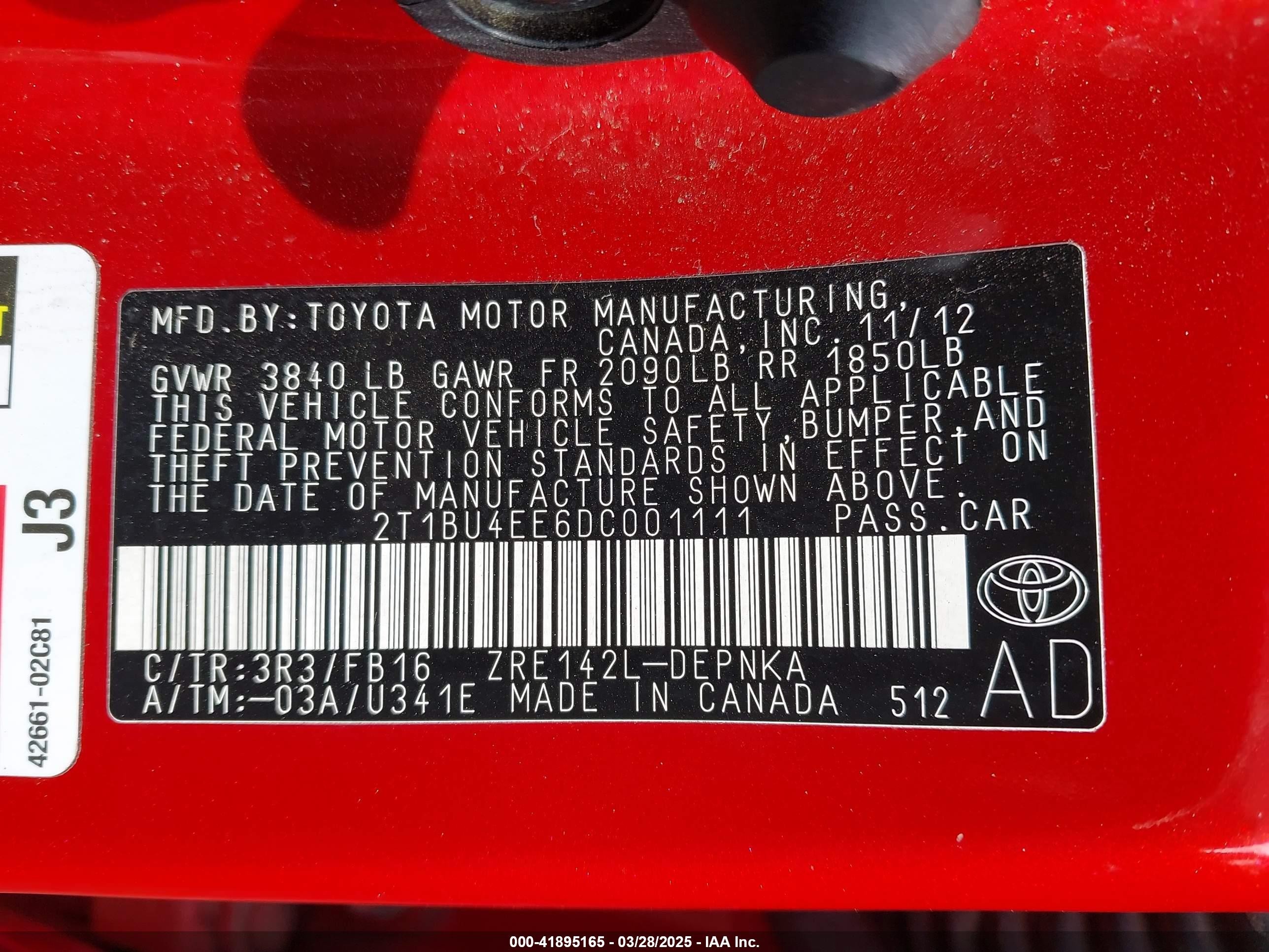 2013 Toyota Corolla Le Red vin: 2T1BU4EE6DC001111